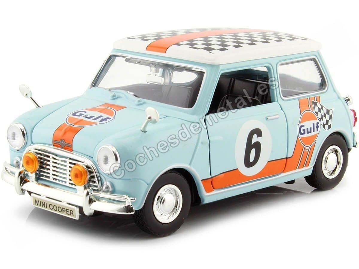 1961-1967 Morris Mini Cooper RHD (Right Hand Drive) #6 Gulf Oil Light Blue with Orange Stripes and Checkered Top ??ity Classics??Series 1/18 Diecast Model Car by Motormax