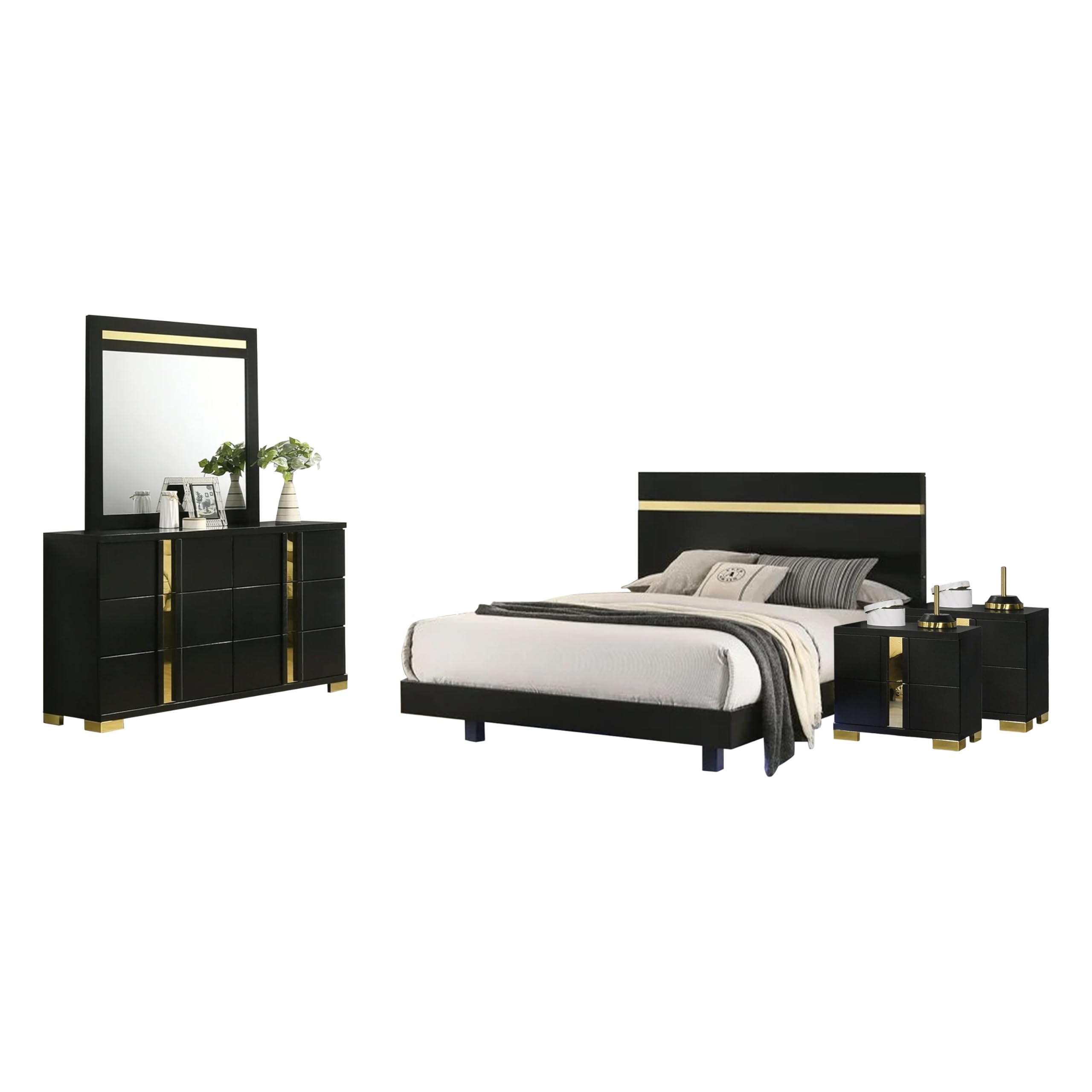 Yoki 5pc Queen Bedroom Set w Underbed LED, Black and Gold, 2 Nightstands