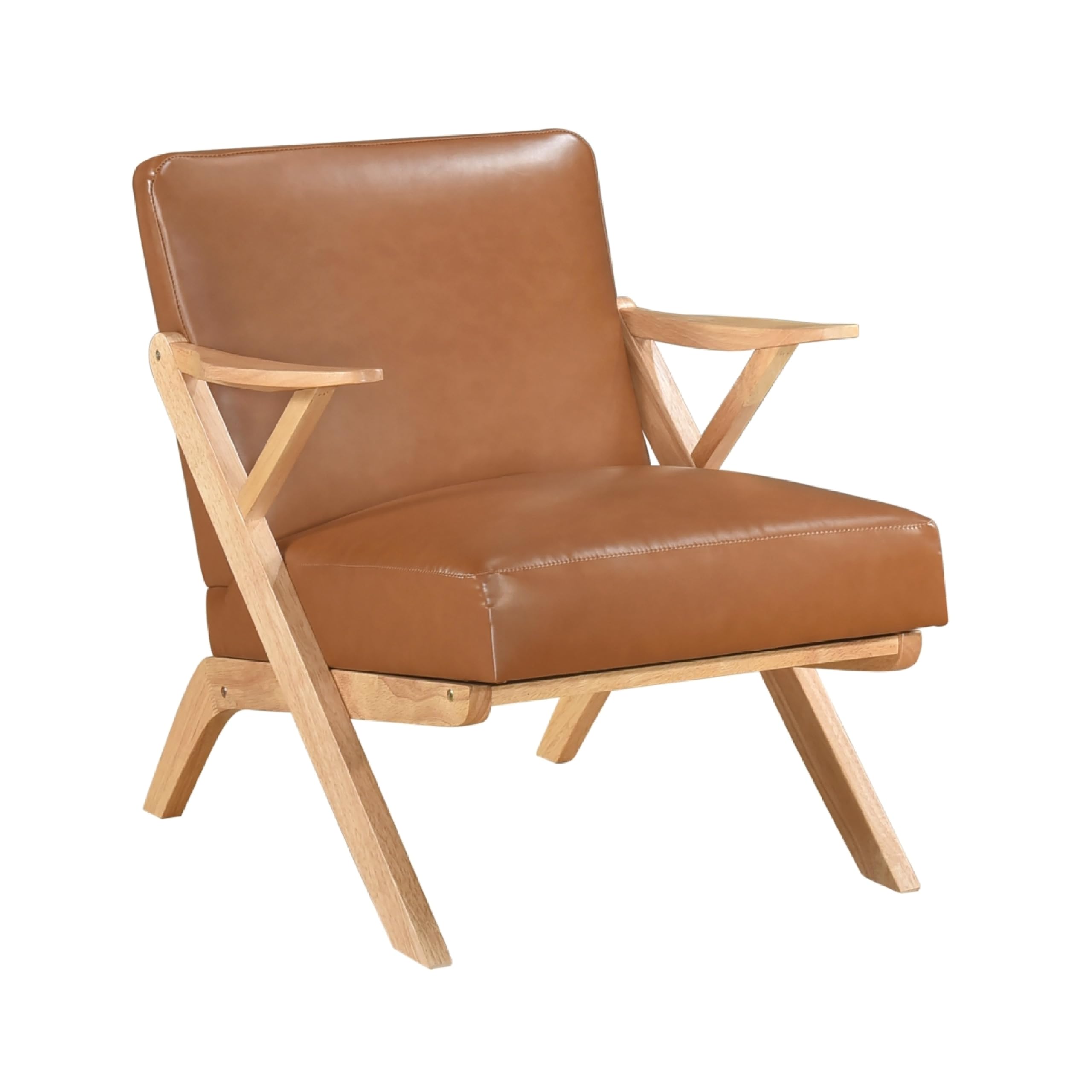 Gya Accent Chair, Brown Faux Leather, Natural Brown Rubberwood