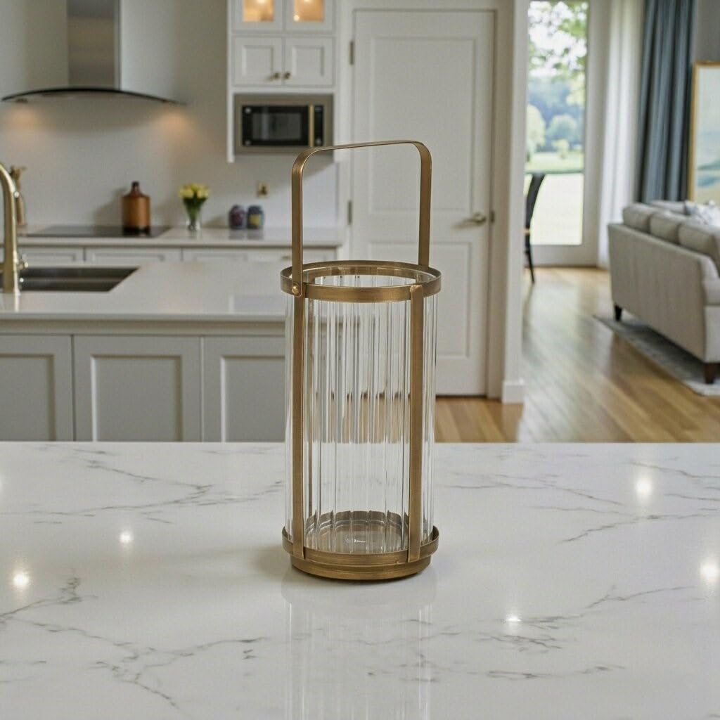 Vortial Fluted Glass Candle Lantern with Gold Metal Frame - Large