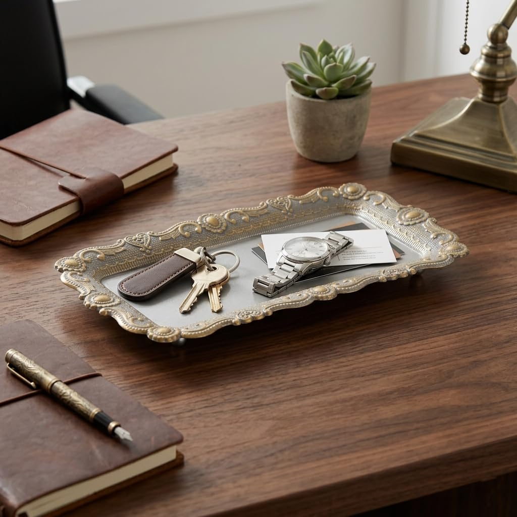 Ecara Gold Accented Silver Metal Table Tray