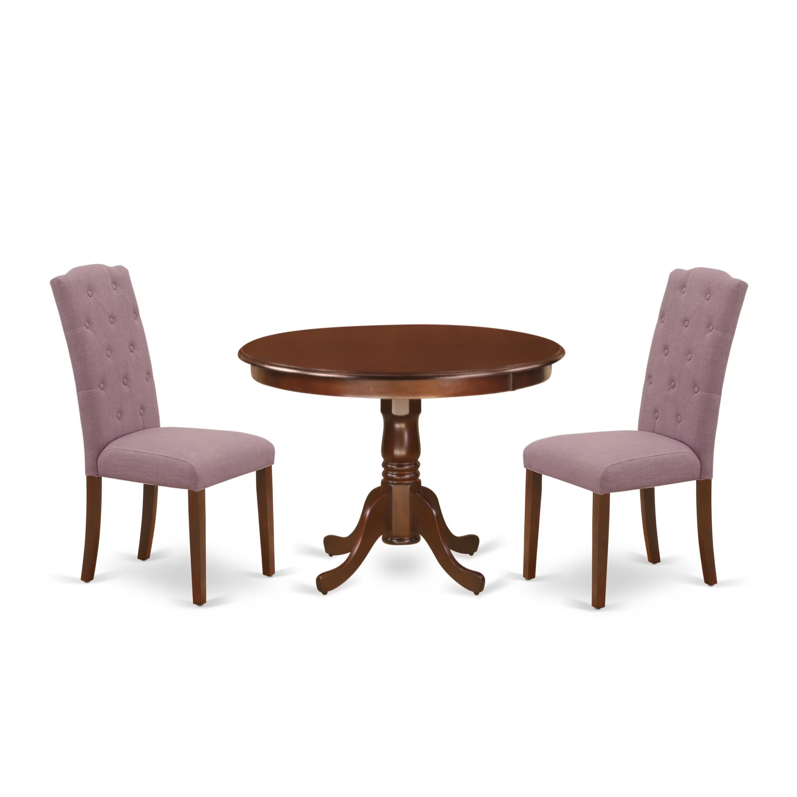 East West Furniture HLCE3-MAH-10 3 Piece Dining Set Contains a Round Dining Room Table with Pedestal and 2 Dahlia Linen Fabric Upholstered Chairs, 42x42 Inch, Mahogany