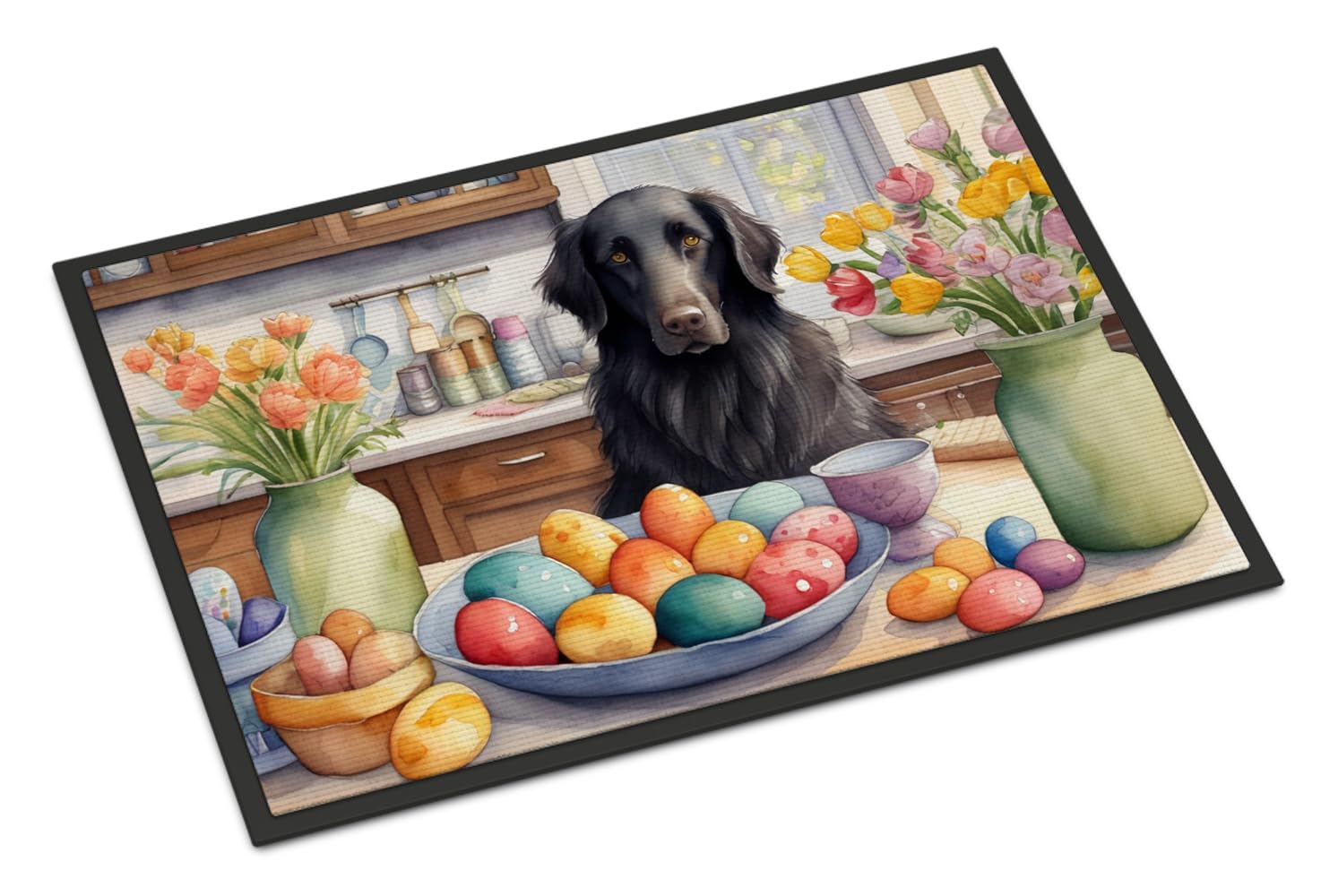 Carolines Treasures DAC6812JMAT Decorating Easter Flat-Coated Retriever Doormat Front Door Mat Indoor Outdoor Rugs for Entryway, Non Slip Washable Low Pile, 24H X 36W