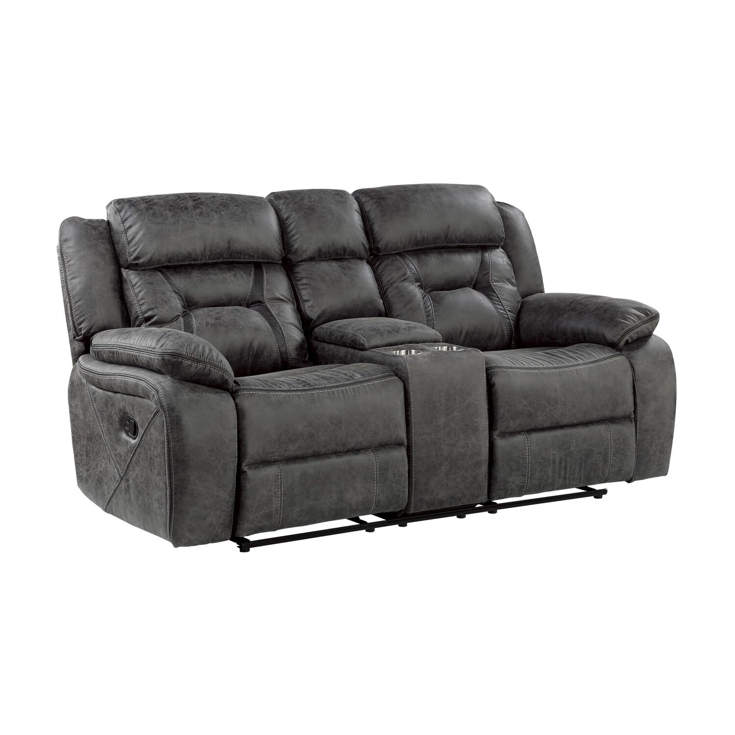 Mady 75 Inch Manual Recliner Loveseat, Center Console, Gray Microfiber