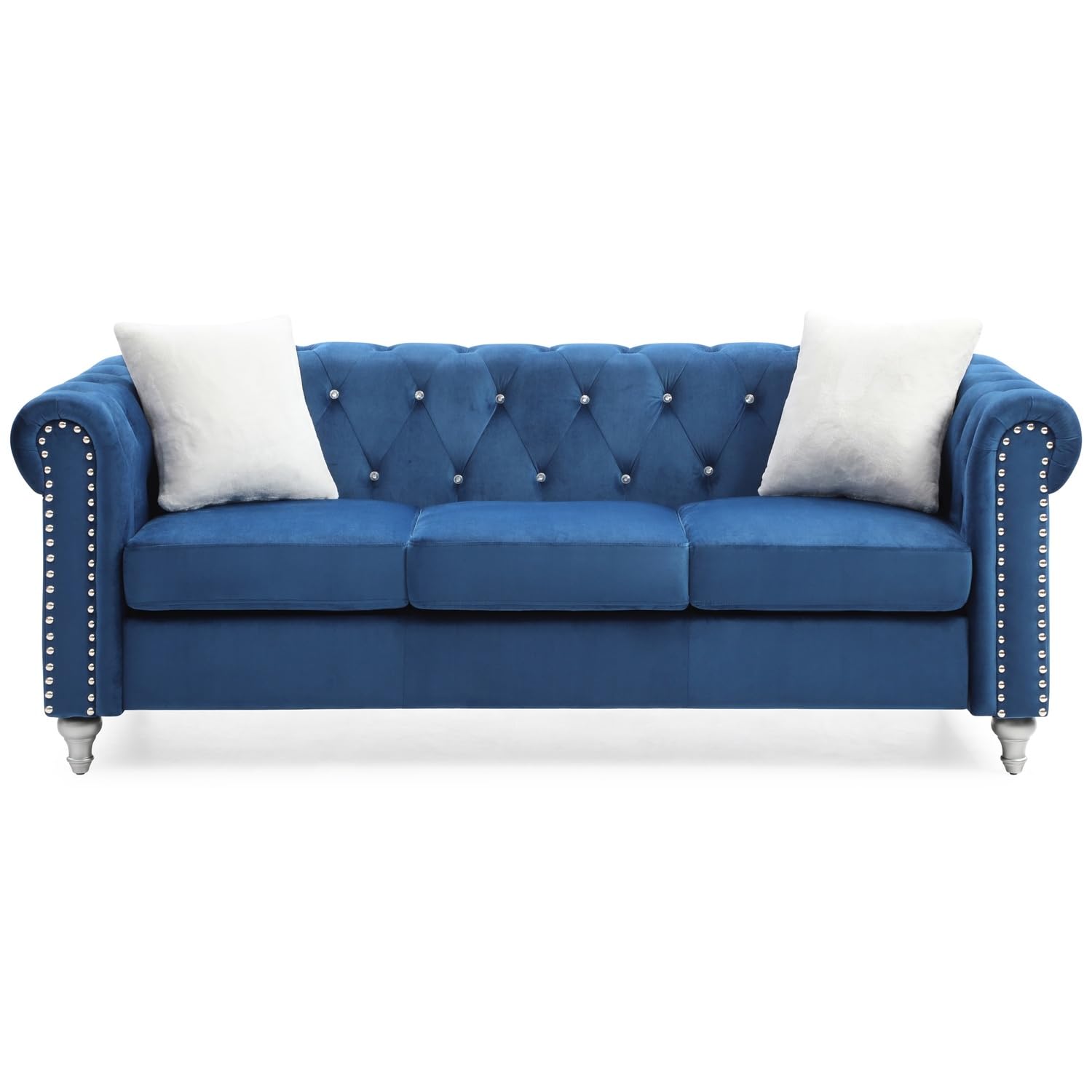 Raisa 83 in. Navy Blue Velvet 3-Seater Sofa with 2-Throw Pillow
