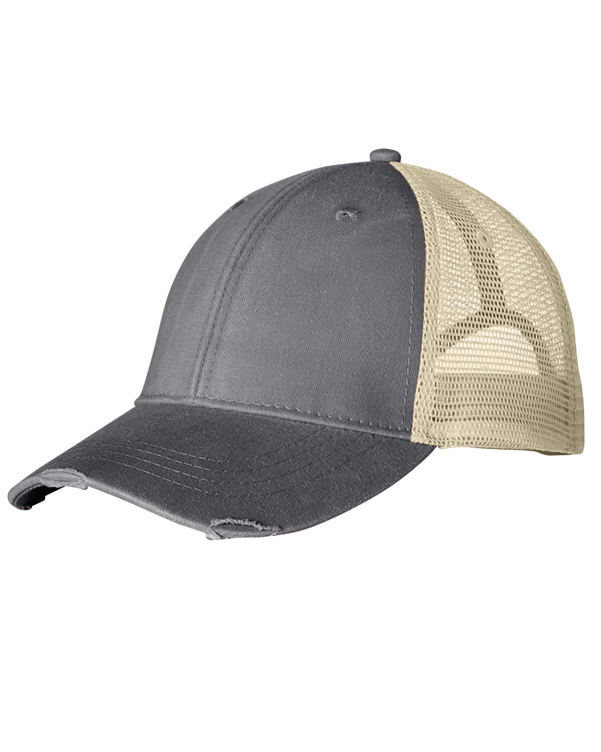 OL102 | OLLIE- Pigment dyed, garment washed, cotton, twill, six panel, structured, mid-crown trucker cap with nylon mesh back panels, distressed visor and snap back. - CHARCOAL/TAN
