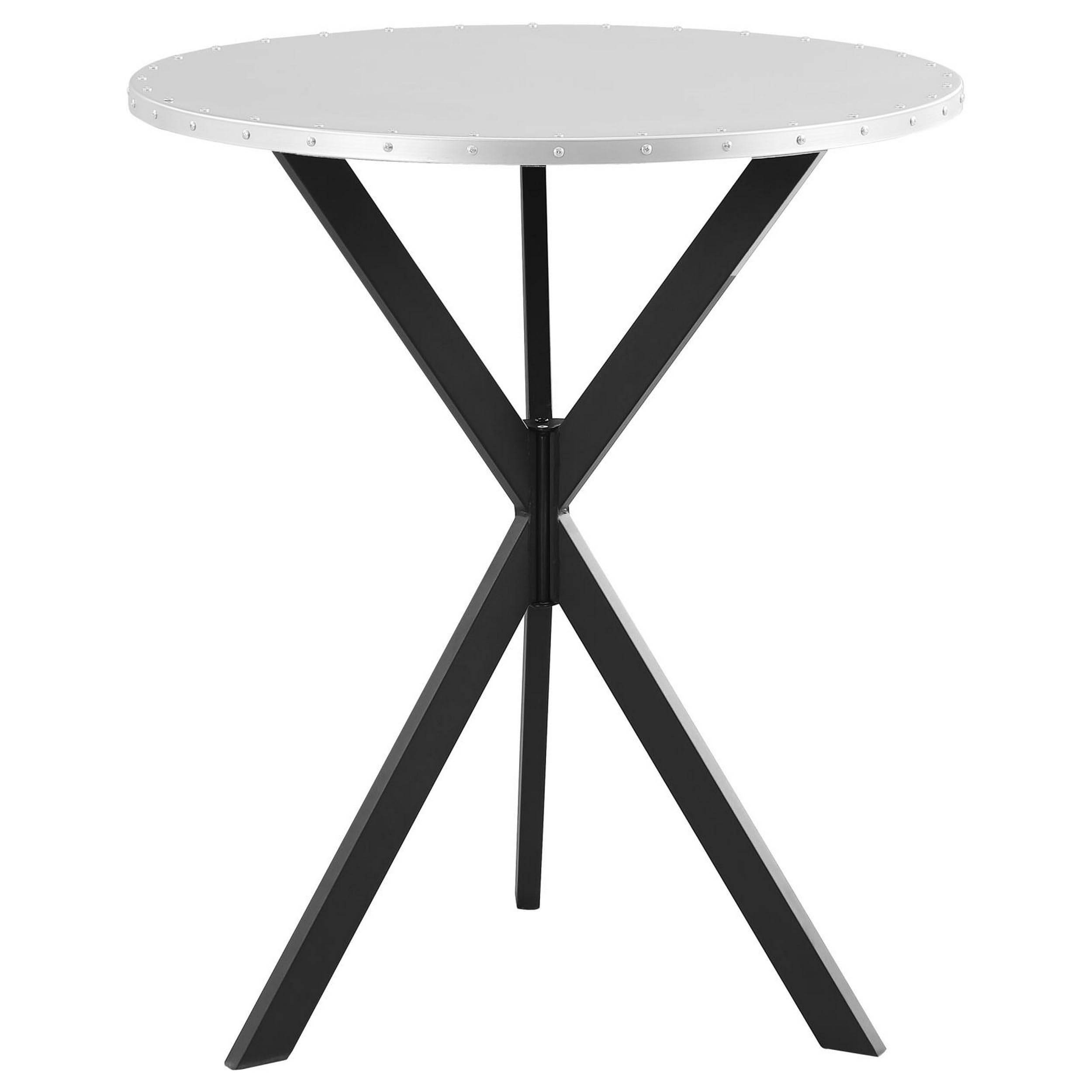36 Inch Bar Table, Metal Top, Hammered Nails, Intersected Base, Silver