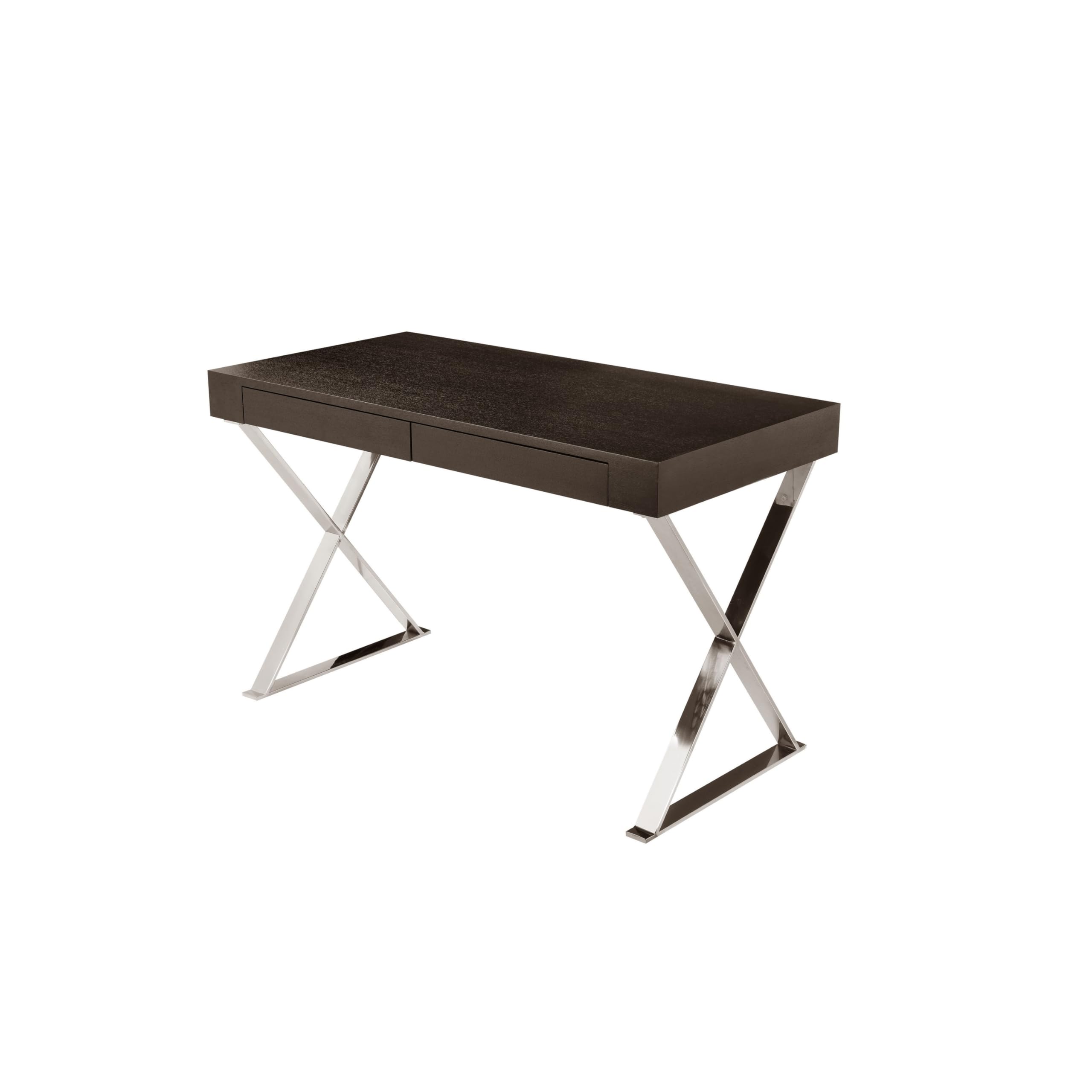 Rix 47 Inch Office Desk, Espresso Brown Wood, 2 Drawers, X Polished Steel