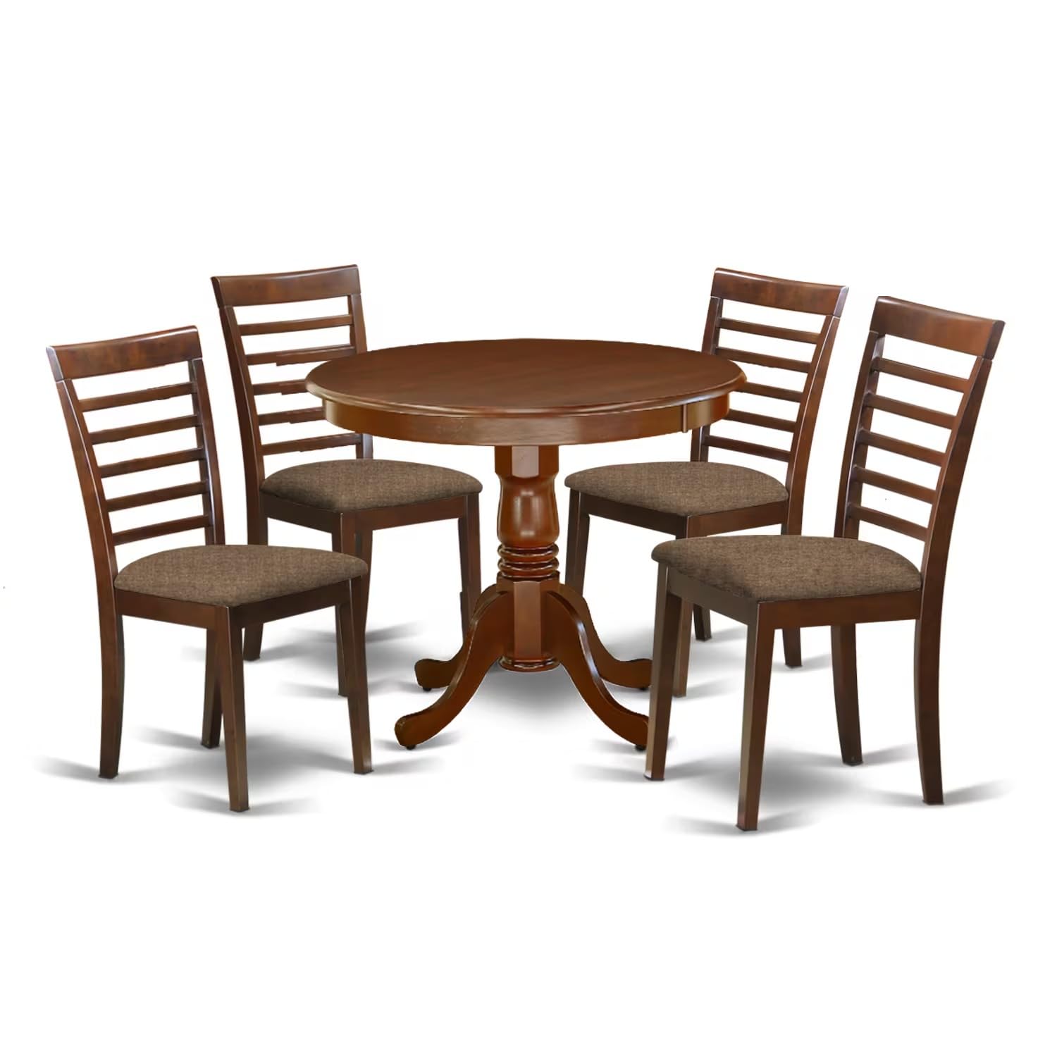 East West Furniture ANML5-MAH-C 5 Piece Modern Set Includes a Round Table with Pedestal and 4 Linen Fabric Kitchen Dining Chairs, 36x36 Inch, Mahogany