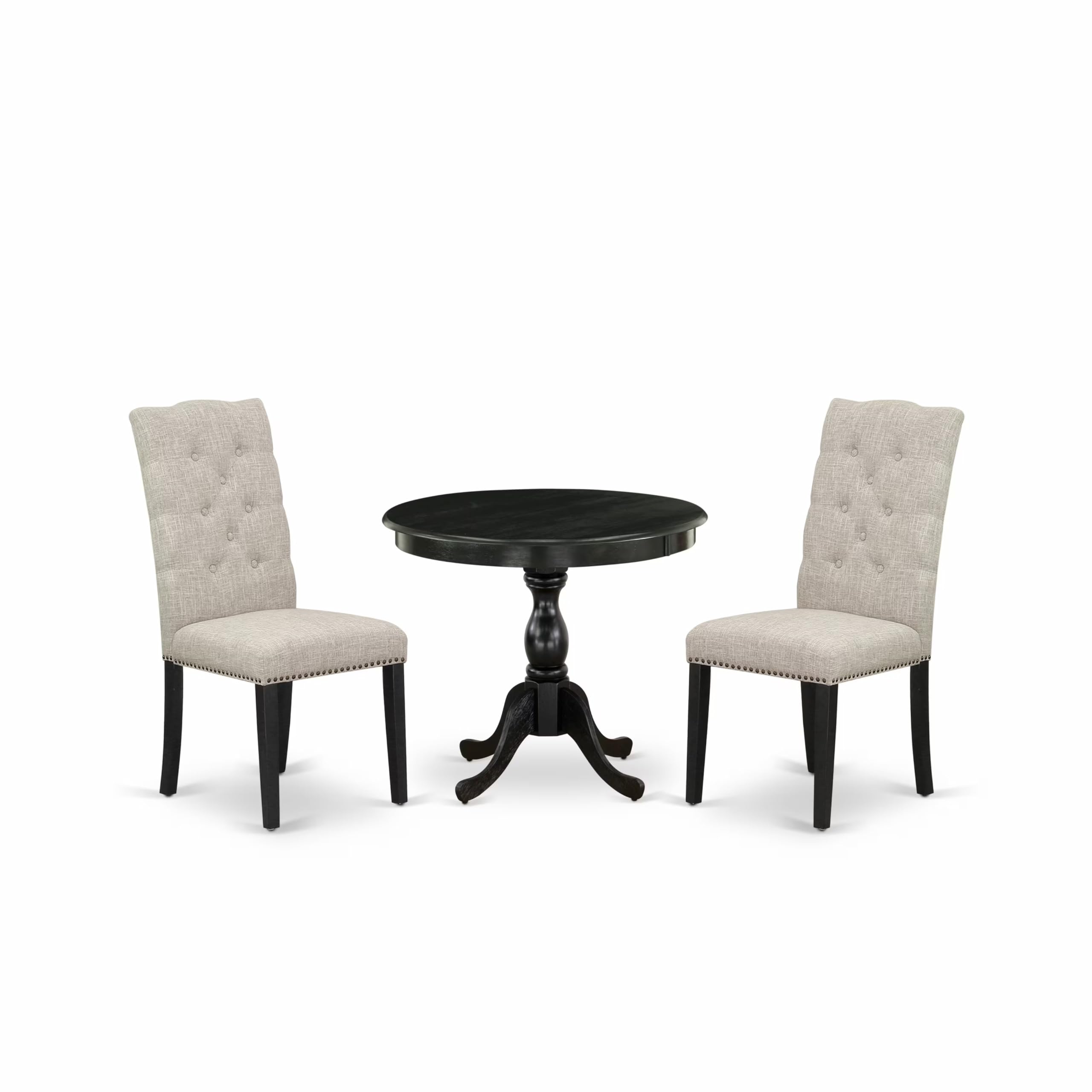 East West Furniture 3 Piece Dining Set Consists of 1 Modern Dining Table and 2 Doeskin Linen Fabric Dining Chairs Button Tufted Back with Nail Heads - Wire Brushed Black Finish