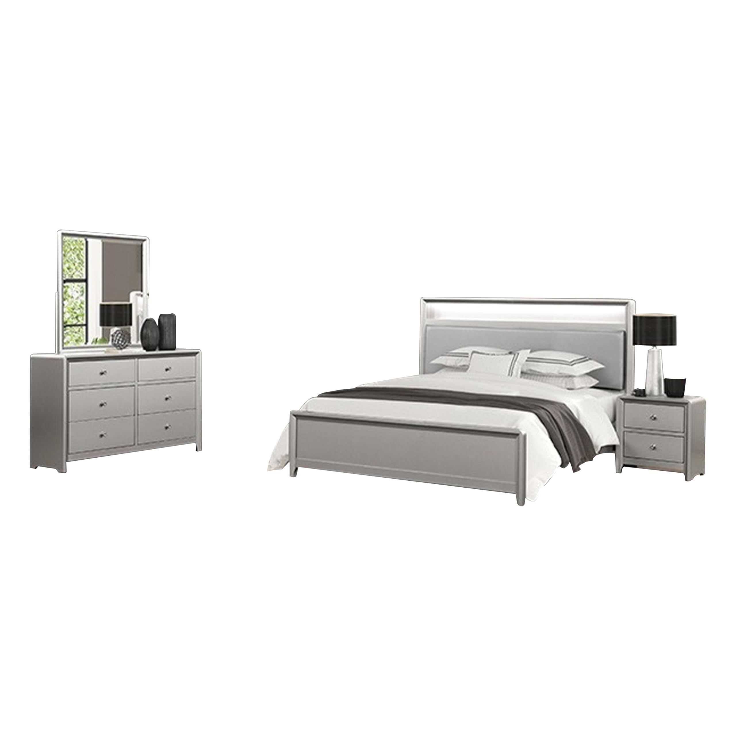 Broy 4pc Queen Bedroom Set w LED Bookcase Headboard, Mirror, Silver