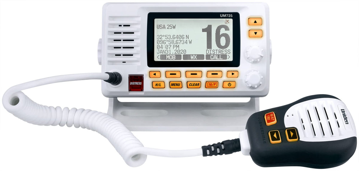 Uniden Um725 Marine Vhf Radio, All Usa, Canada, And Int'L. Marine Channels, 1Watt/25Watt Transmit Power, Largest Lcd Screen In C