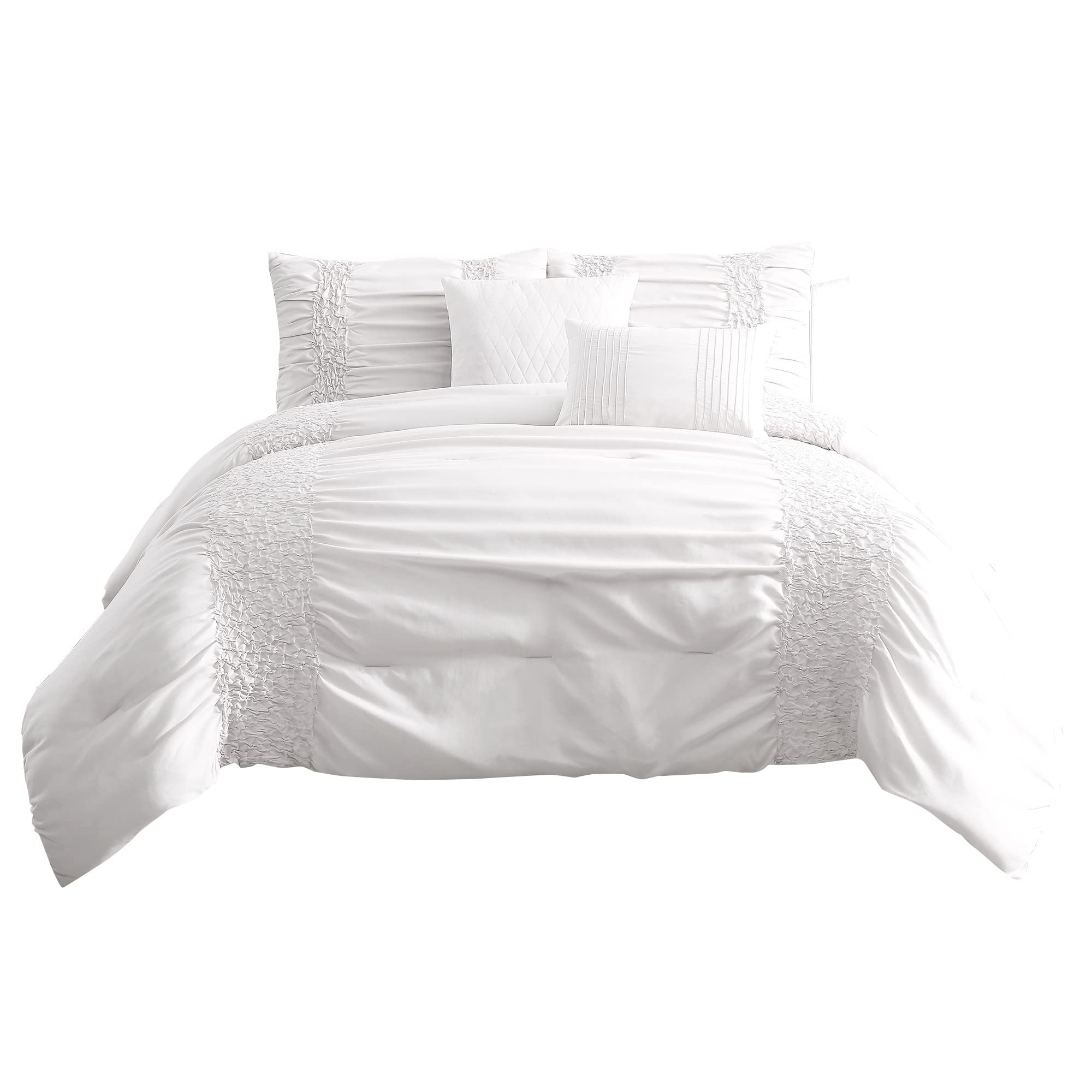 4 Piece Twin Comforter Set with Ruching Details, White