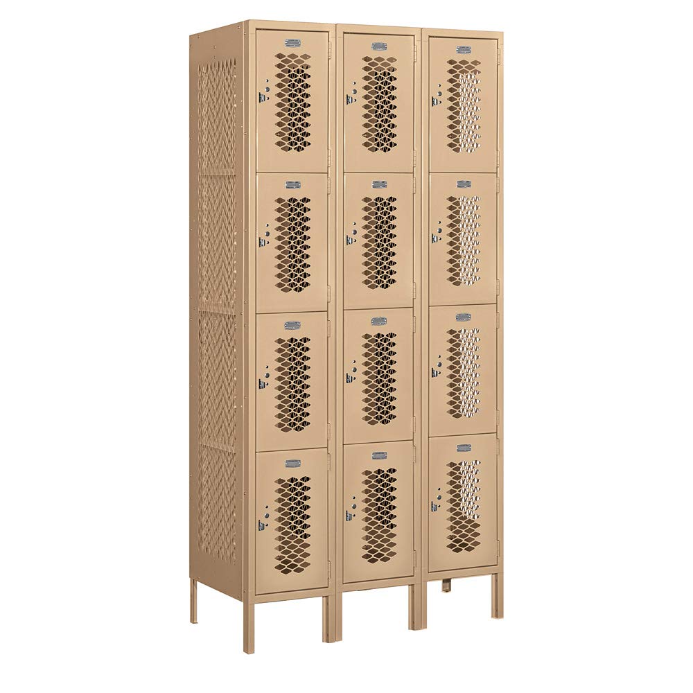 12 Wide Four Tier Vented Metal Locker - 3 Wide - 6 Feet High - 18 Inches Deep - Tan - Assembled