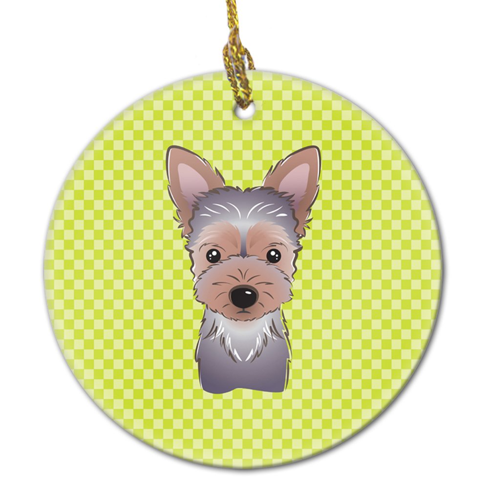 Checkerboard Lime Green Yorkie Puppy Ceramic Ornament BB1294CO1