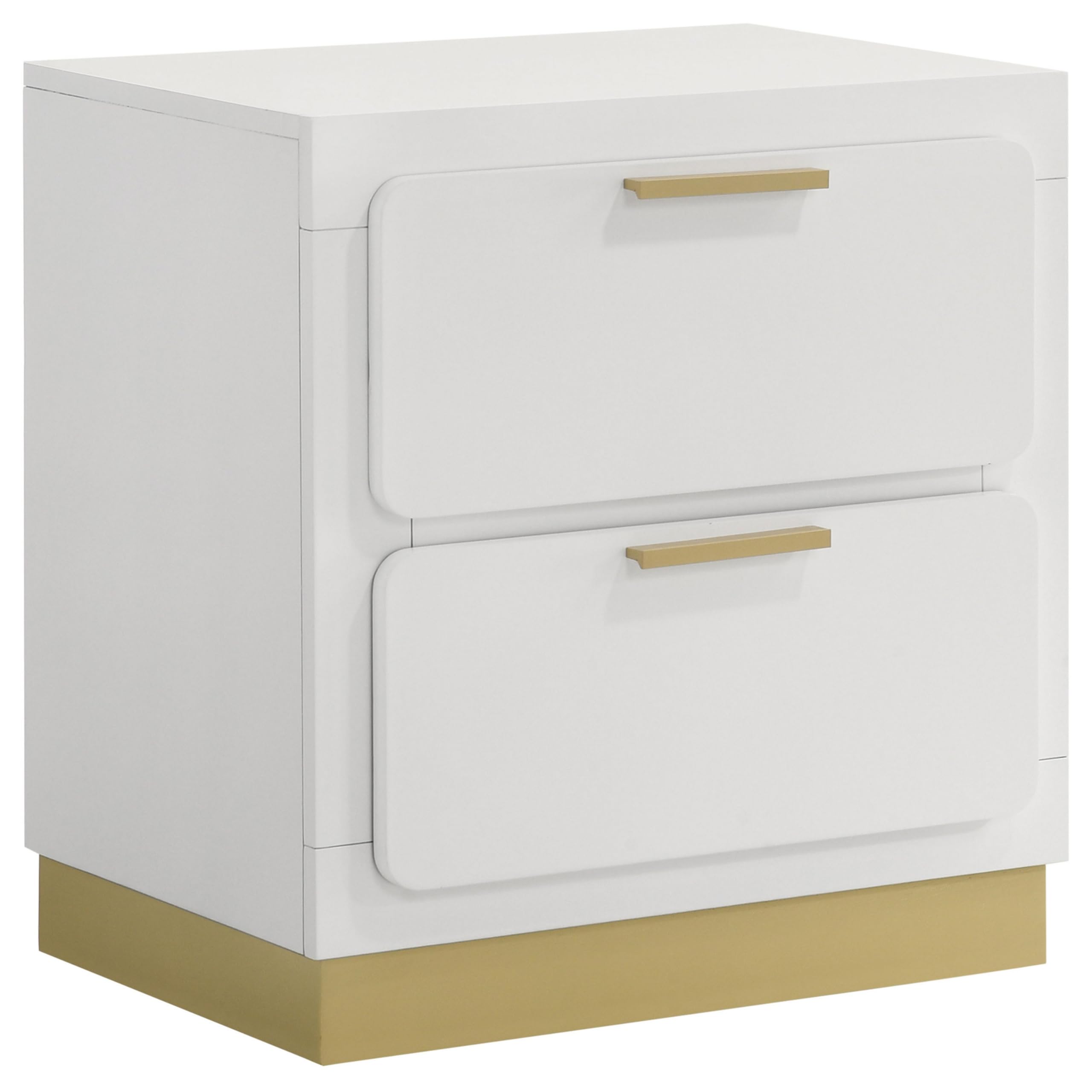 Caer Nightstand, 2 Drawers, Gold Accent Recessed Base, Bar Handles, White