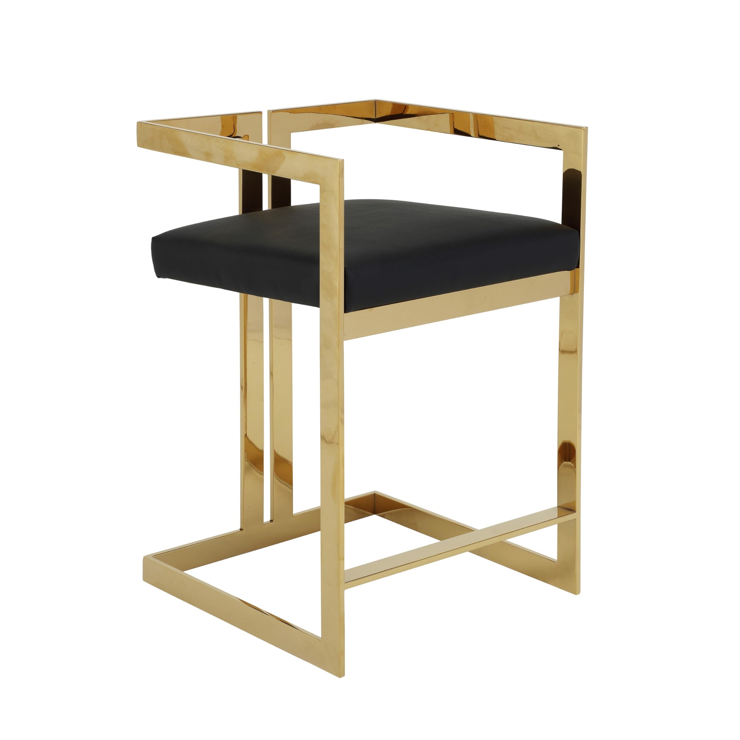 Suki 26 Inch Counter Height Chair, Black Faux Leather, Gold Cantilever Base