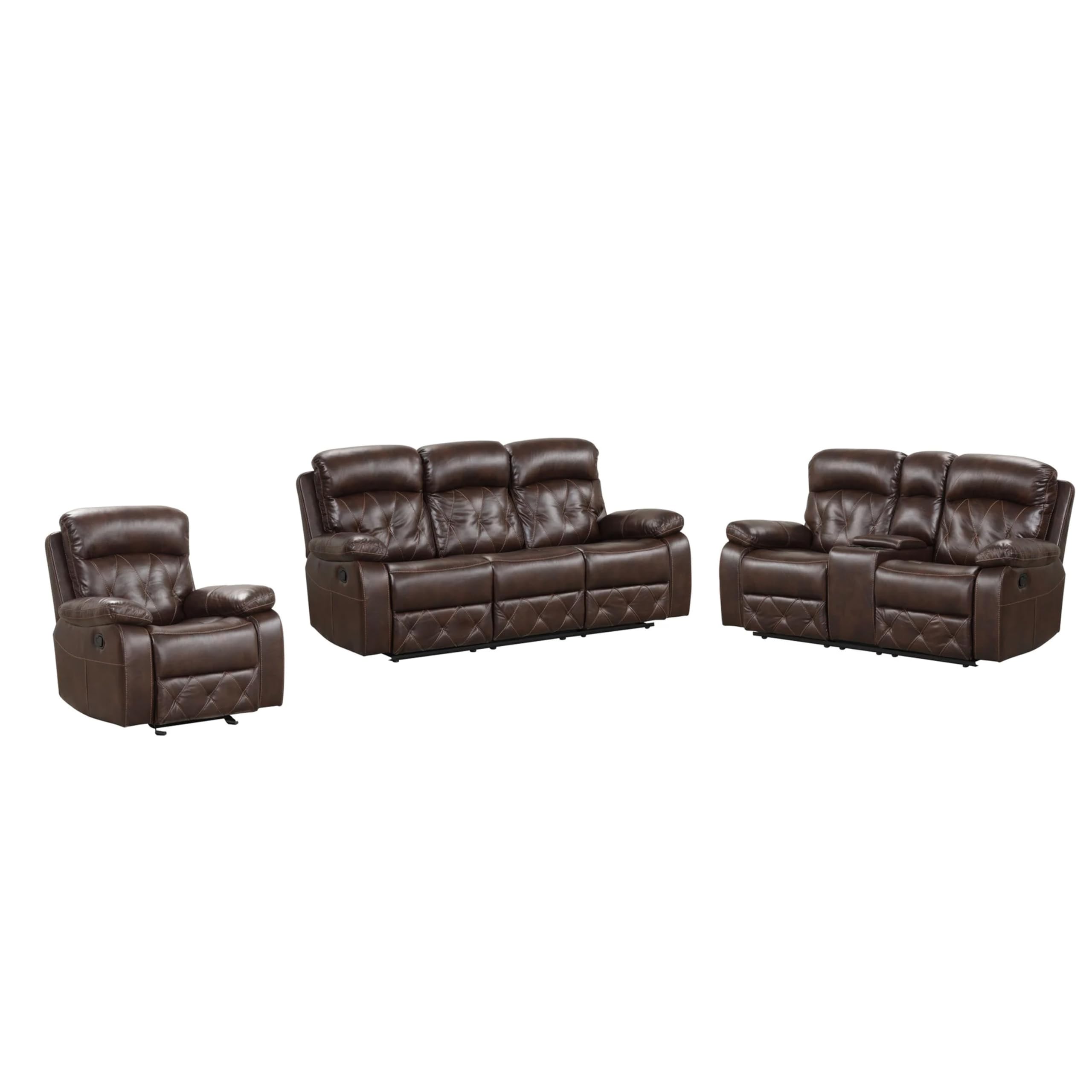 Kesy 3pc Manual Reclining Sofa, Loveseat and Chair Set, Brown Faux Leather