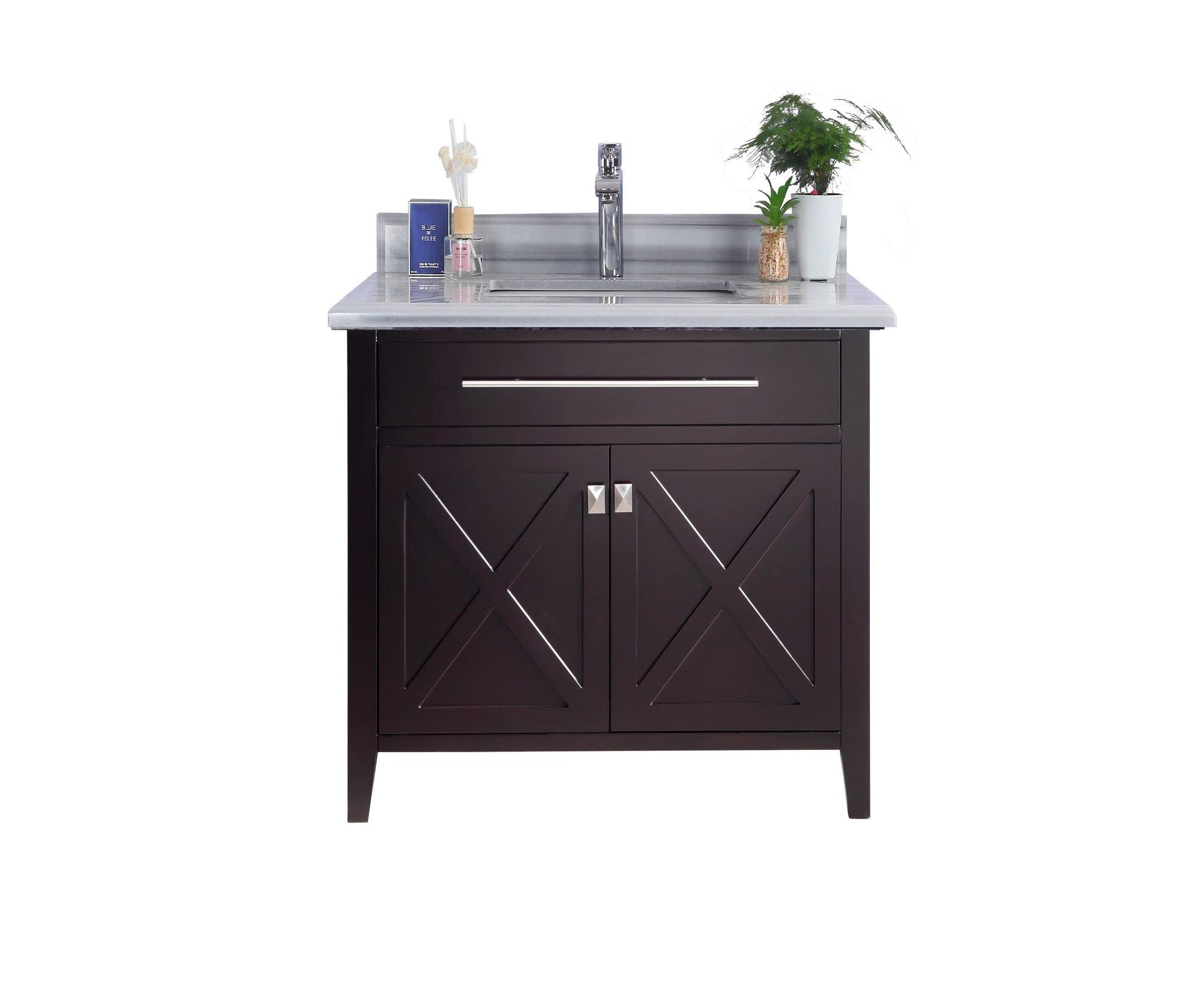 Wimbledon - 36 - Brown Cabinet + White Stripes Marble Countertop