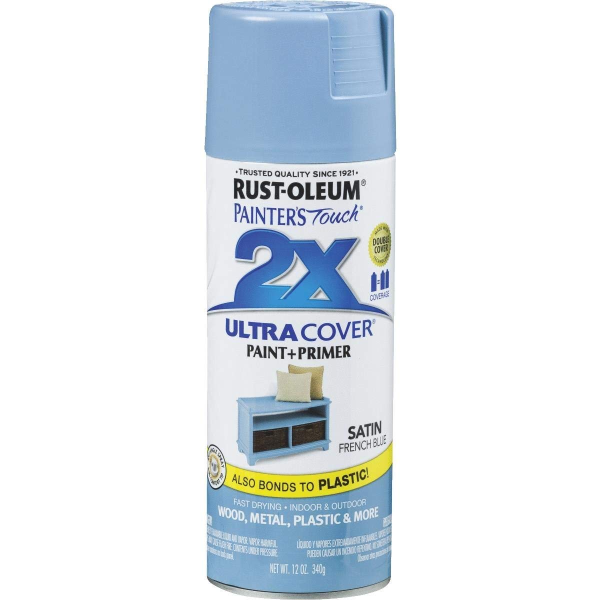 Rust-Oleum 314752 Painter'S Touch 2X Ultra Cover Spray Paint, 12 Oz, Satin French Blue