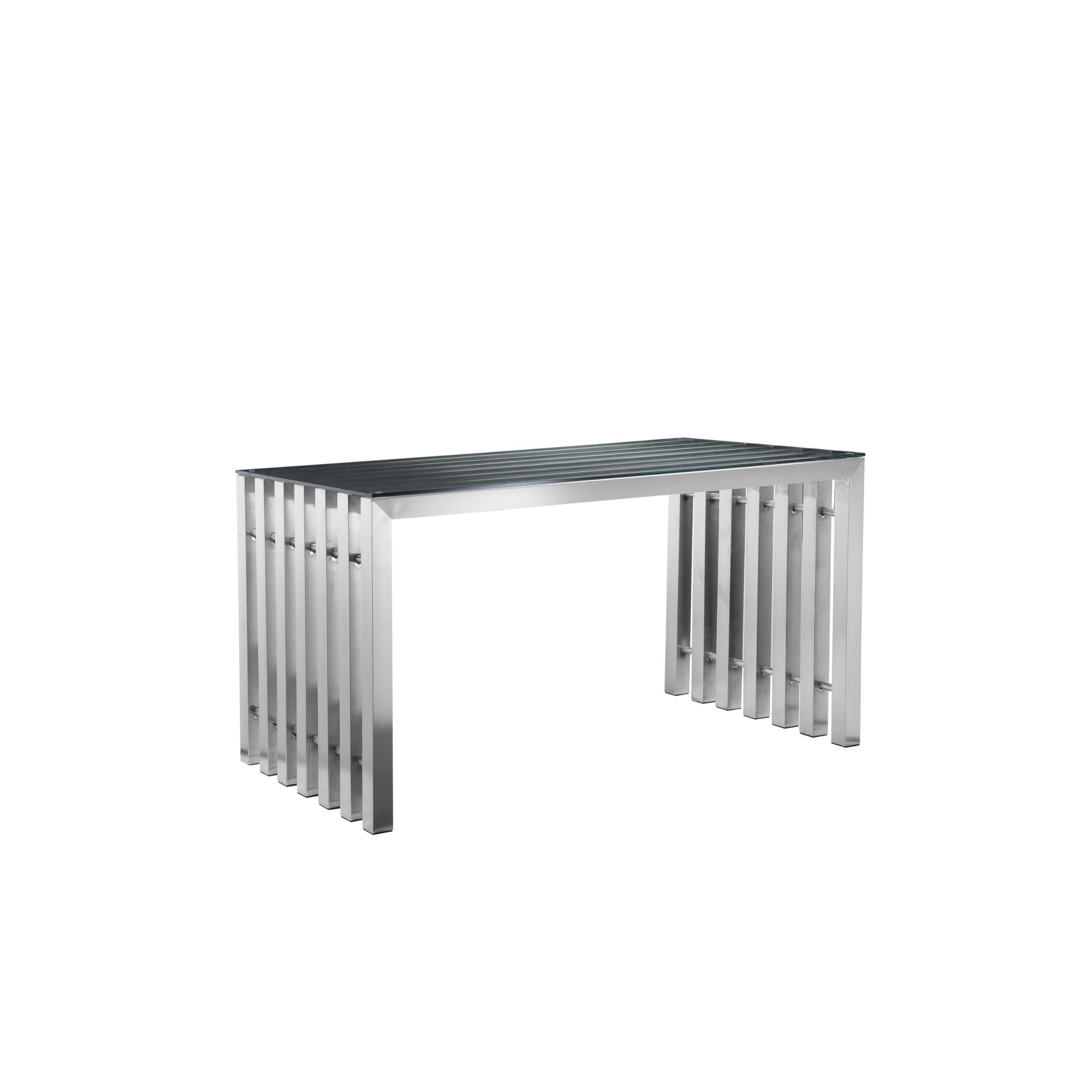 Namo 55 Inch Office Desk, Tempered Glass Top, Slatted Silver Metal Frame