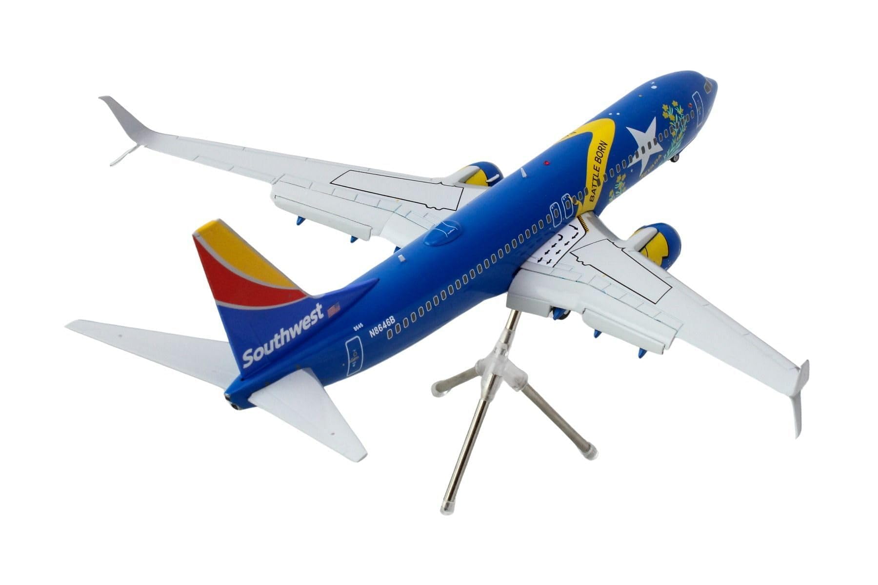 Boeing 737-800 Commercial Aircraft with Flaps Down Southwest Airlines - Nevada One (N8646B) Blue with Tail Stripes ”Gemini 200” Series 1/200 Diecast Model Airplane by GeminiJets