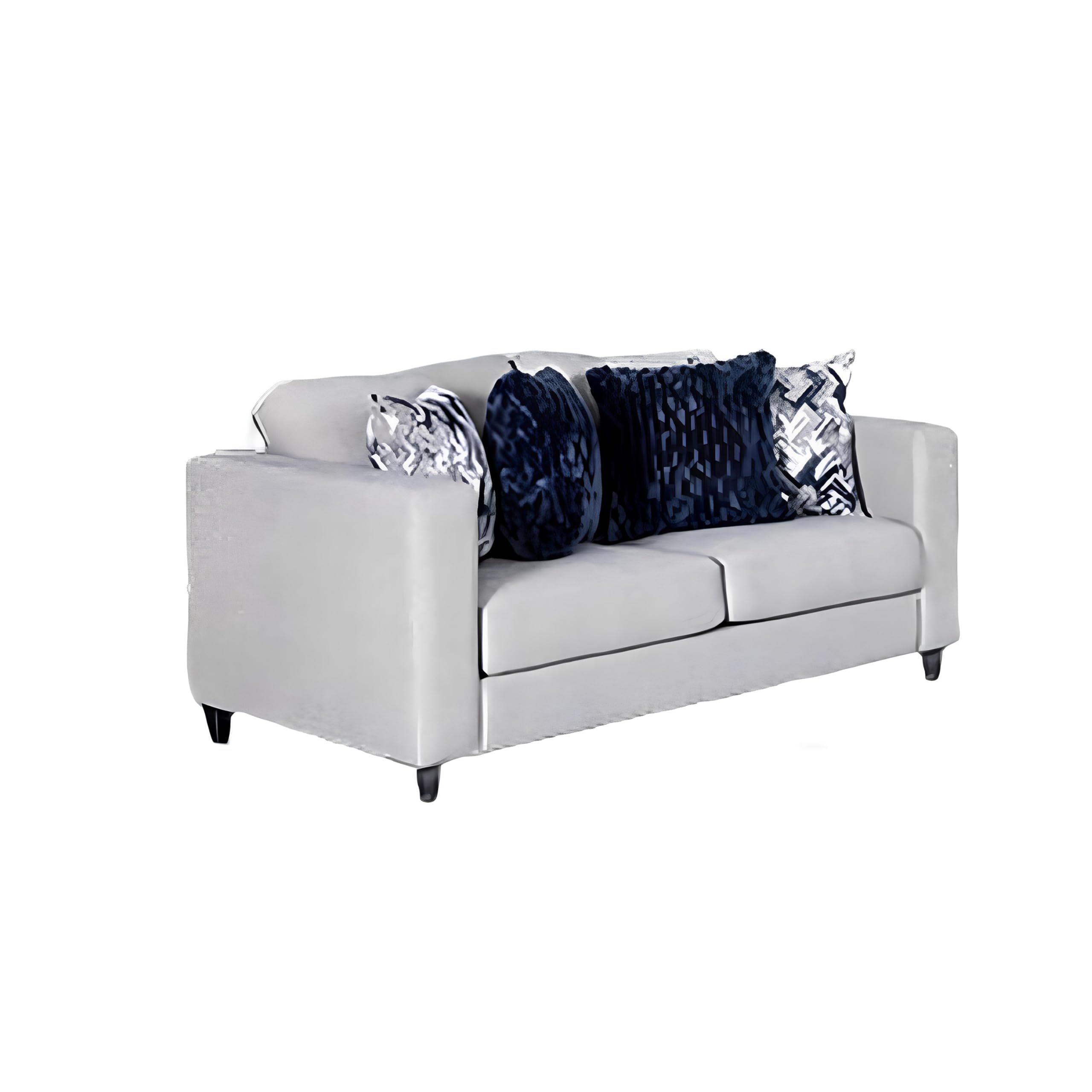 Harie Loveseat, 4 Blue Throw Pillows, Light Gray Chenille, 67 Inch