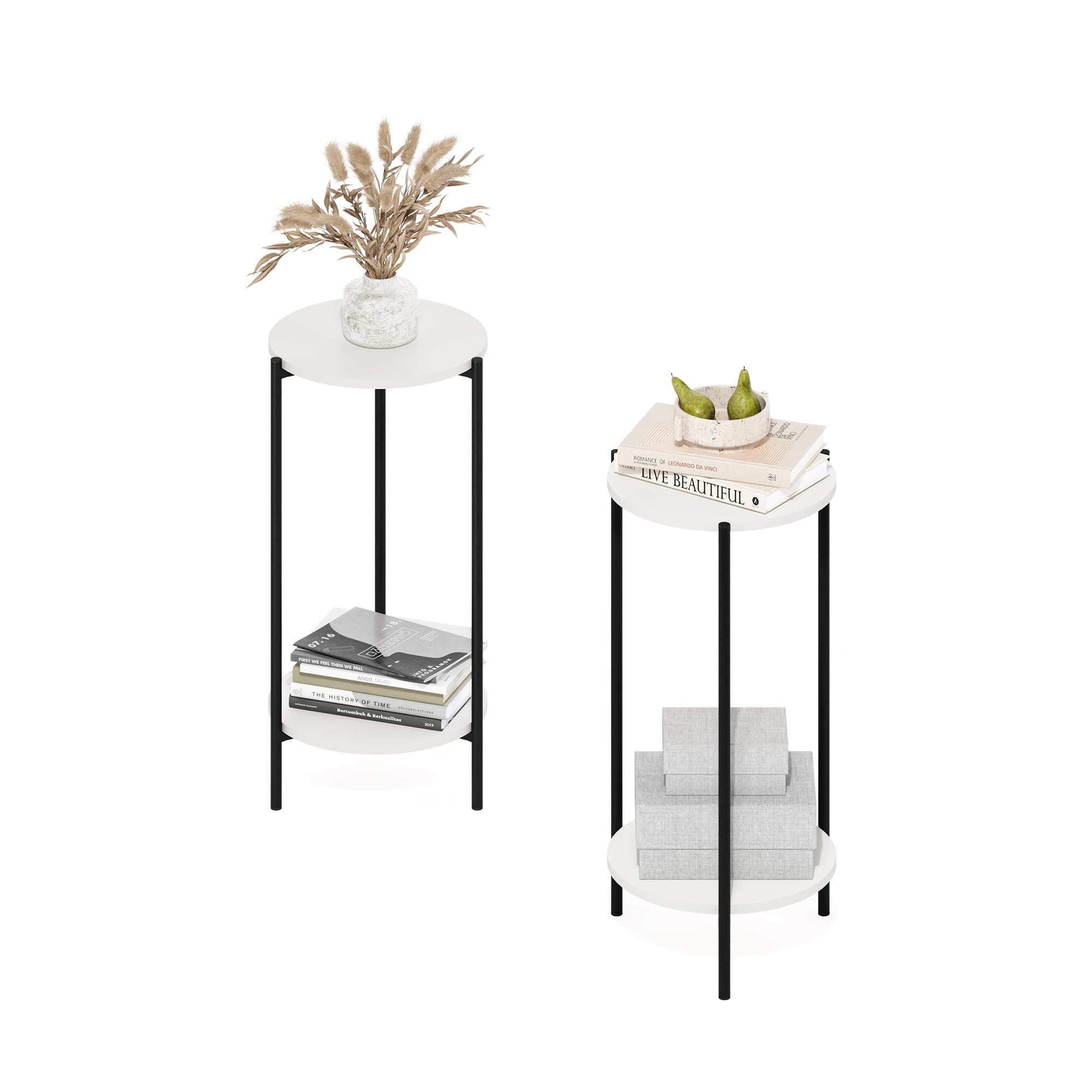 Furinno Besi 2-Tier Modern Tall Round Side End Table with Sturdy Metal Legs, Set of 2, White/Black