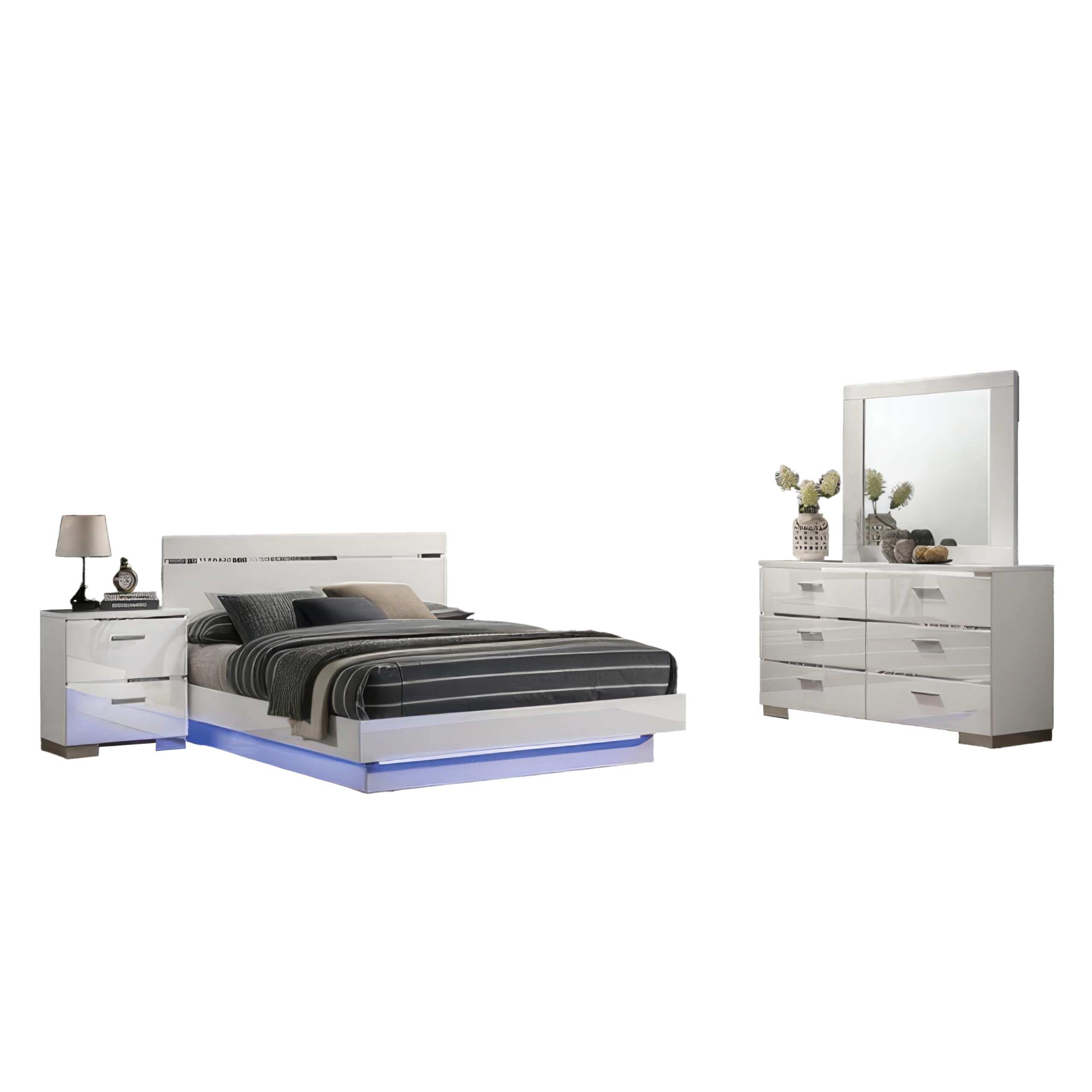 Pero 4pc Queen Bedroom Set with LED, Chrome and White, Dresser Mirror