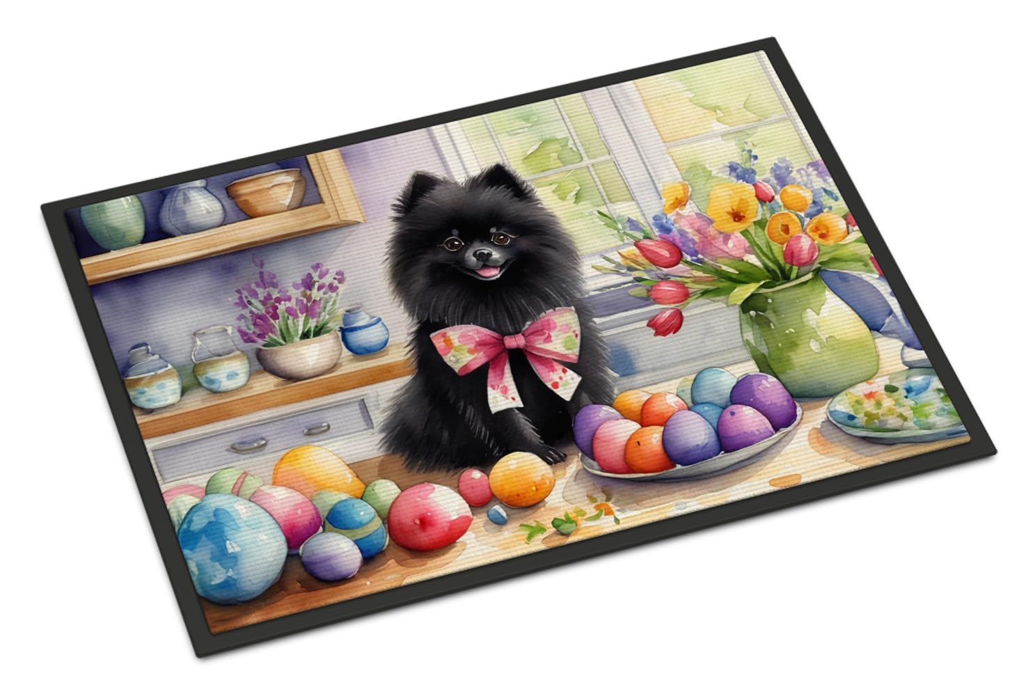 Carolines Treasures DAC6873JMAT Decorating Easter Pomeranian Doormat Front Door Mat Indoor Outdoor Rugs for Entryway, Non Slip Washable Low Pile, 24H X 36W