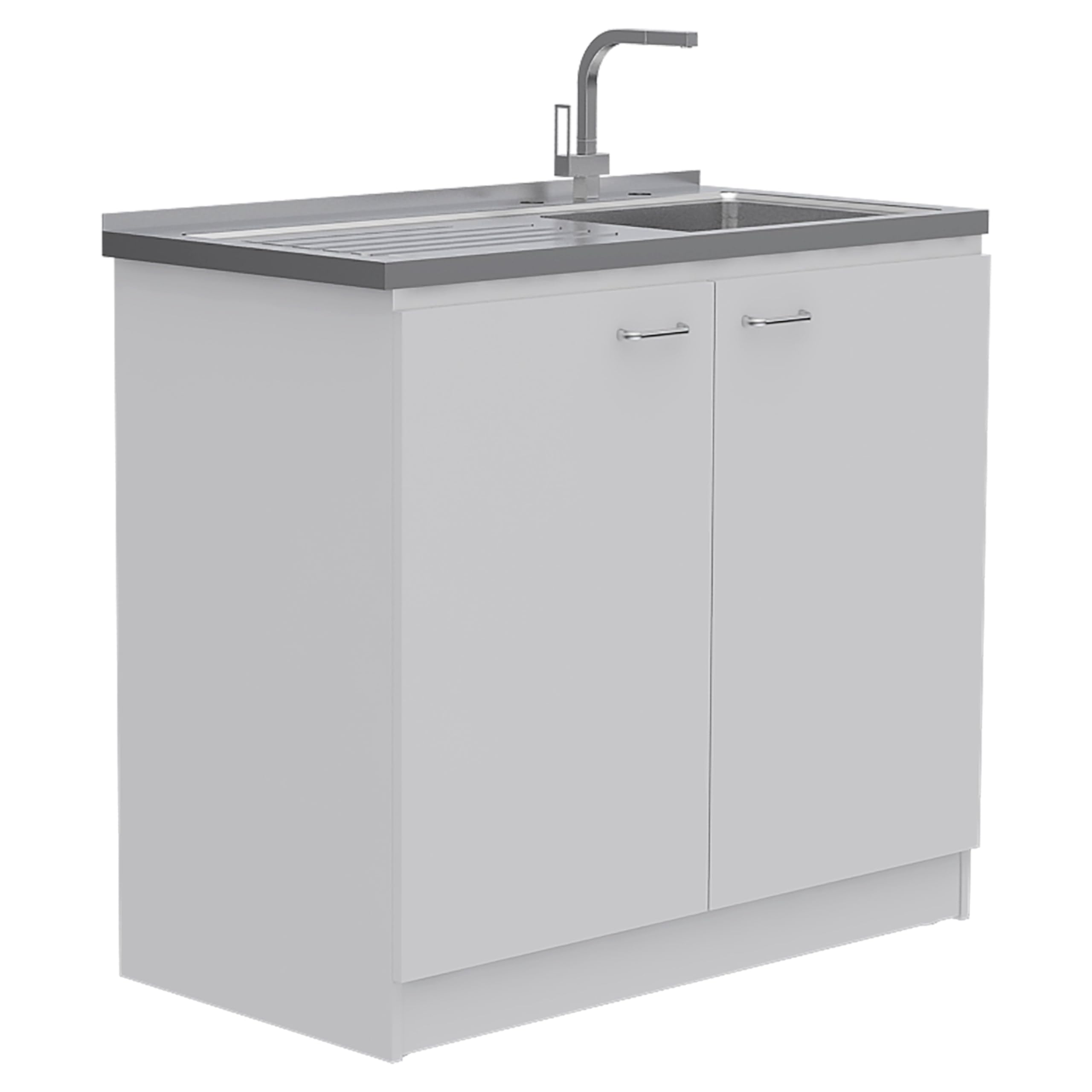 TUHOME Napoles Utility Sink With Cabinet, Aluminium Countertop, Two-Door Cabinet, Metal Handle, Sink, Two Shelves, White, For Kitchen Room