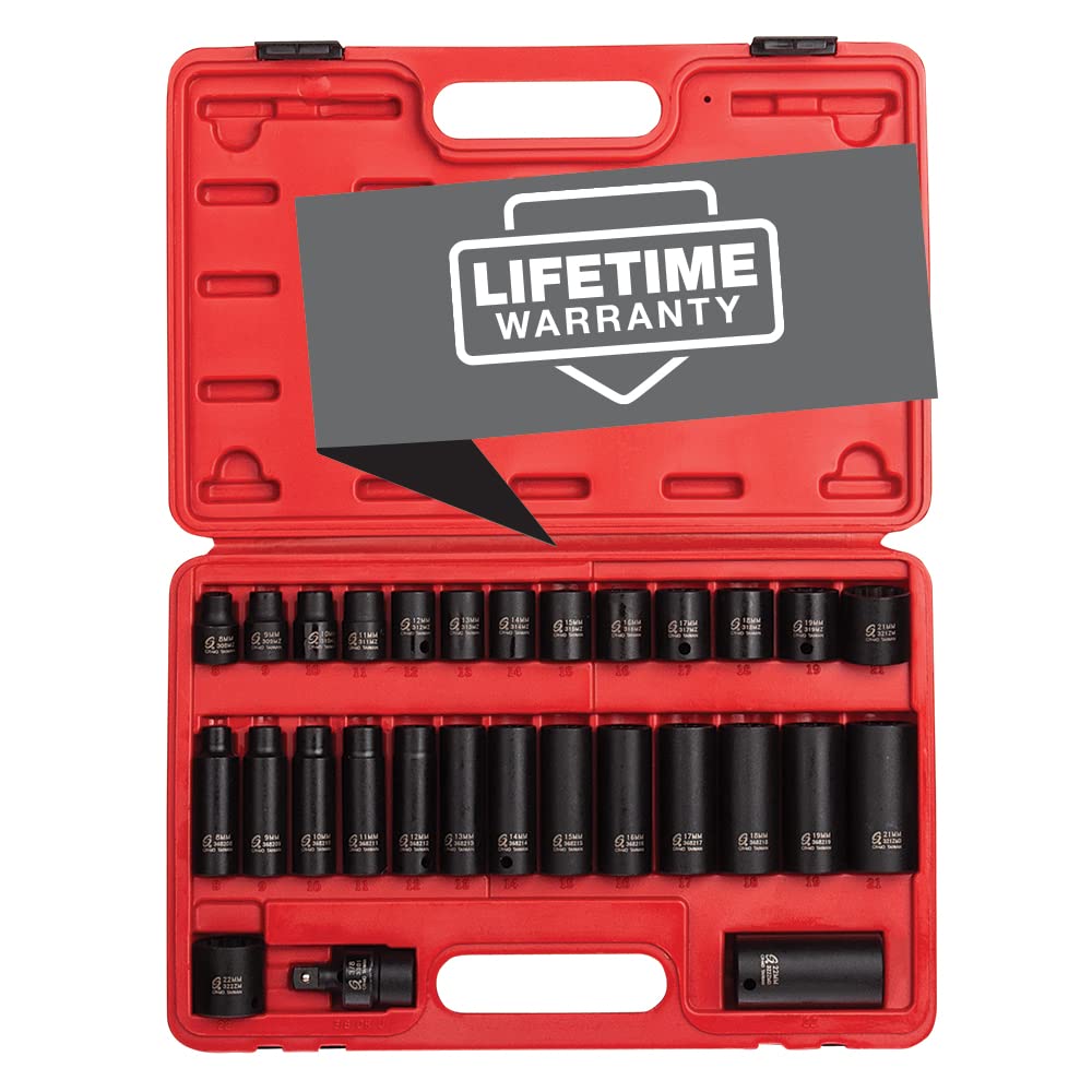 Sunex 3330, 3/8 Drive Master Impact Socket Set, 12 Pt., 29Piece, Metric, 8Mm-22Mm, Standard/Deep, Cr-Mo Steel, Heavy Duty Stor