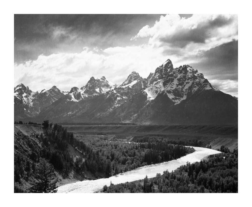 View from river valley towards snow covered mountains, river in foreground, Grand Teton National Park, Wyoming , 1941-Paper Art-18x15”