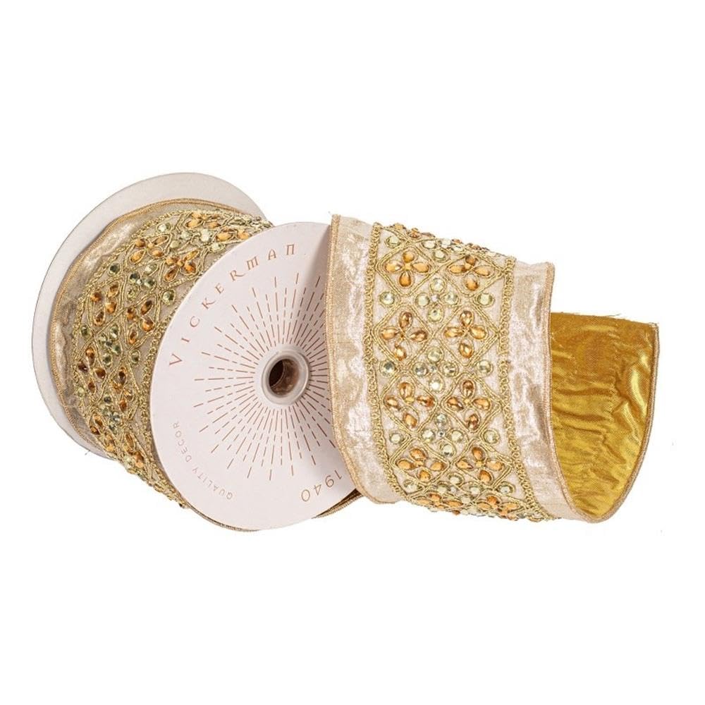 Casafoyer  4” x 5 Yards Champagne-Silver-Gold Jeweled Wired Edge Christmas Ribbon. - (Pack Of 2)