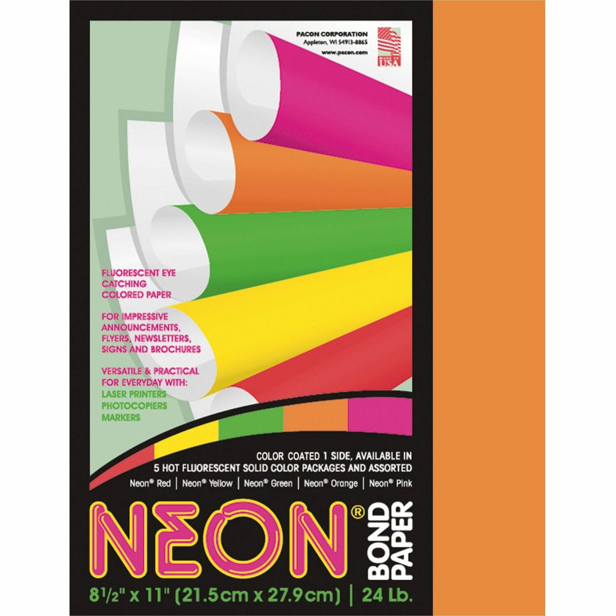 Pacon Corporation 104318 Neon Bond Paper, 24 Lb., 100 Sheets, 8-1/2-Inch X11-Inch, Neon Orange