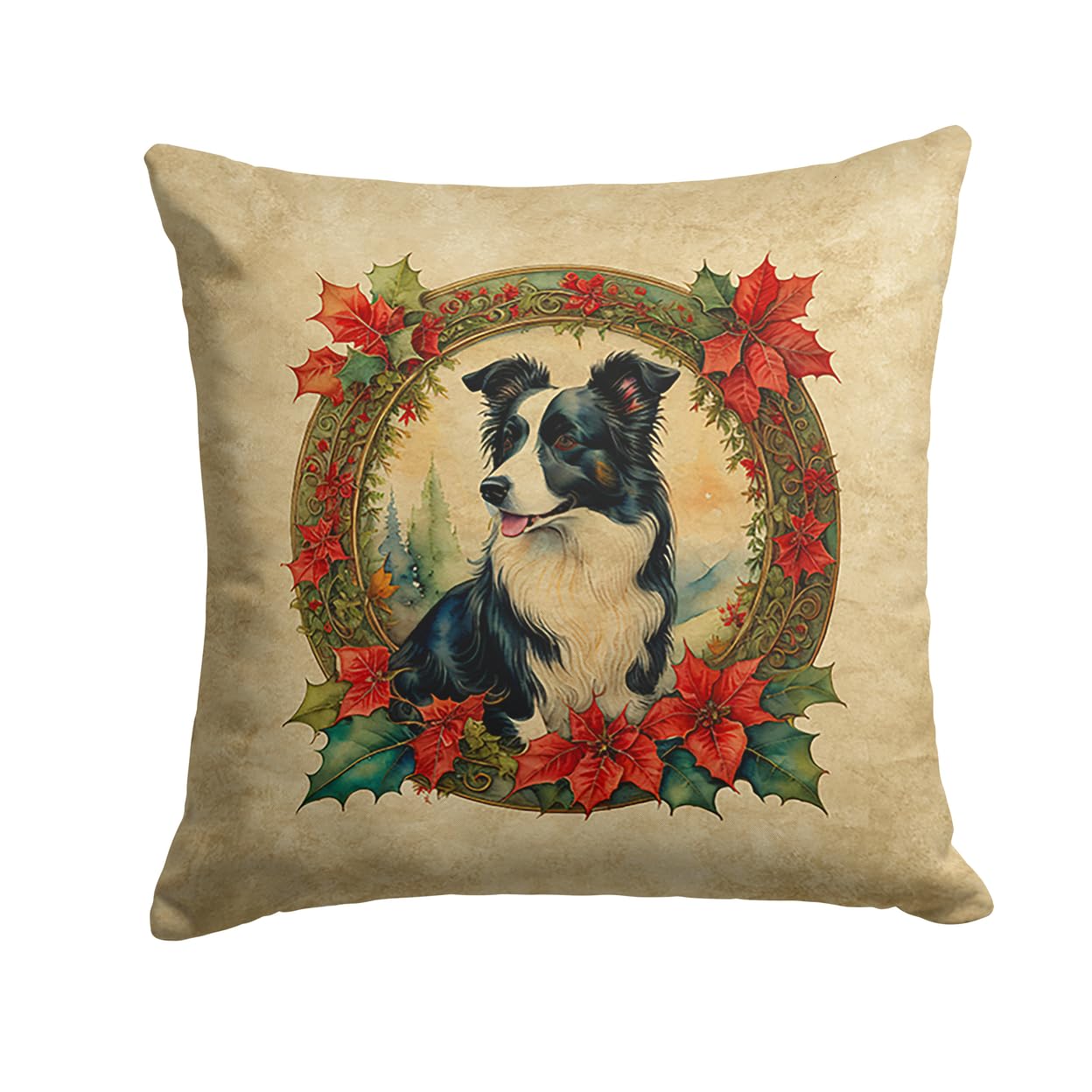 Border Collie Christmas Flowers Throw Pillow