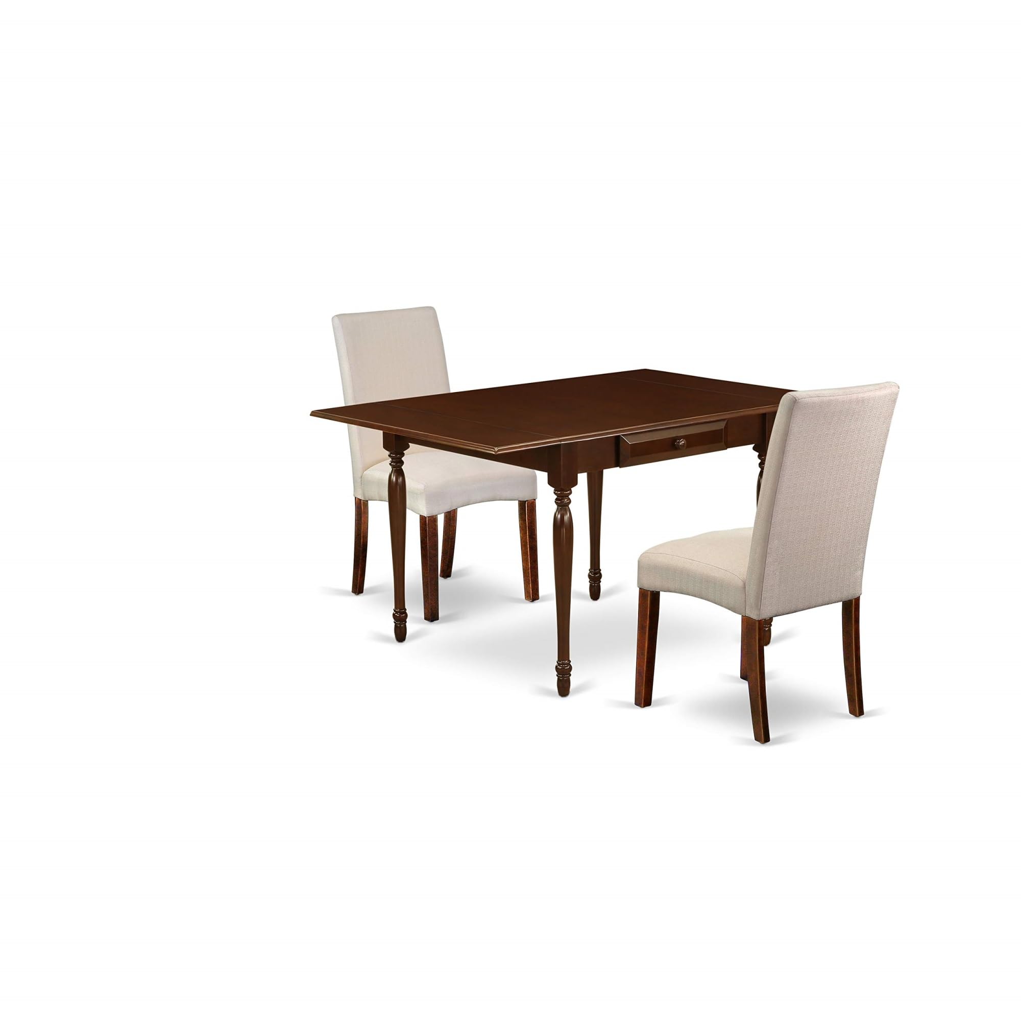 Casafoyer MZDR3-MAH-01 Monza 3 Piece Dinette Set for Small Spaces Contains a Rectangle Dining Table with Dropleaf and 2 Cream Linen Fabric Parson Chairs, 36x54 Inch, Mahogany