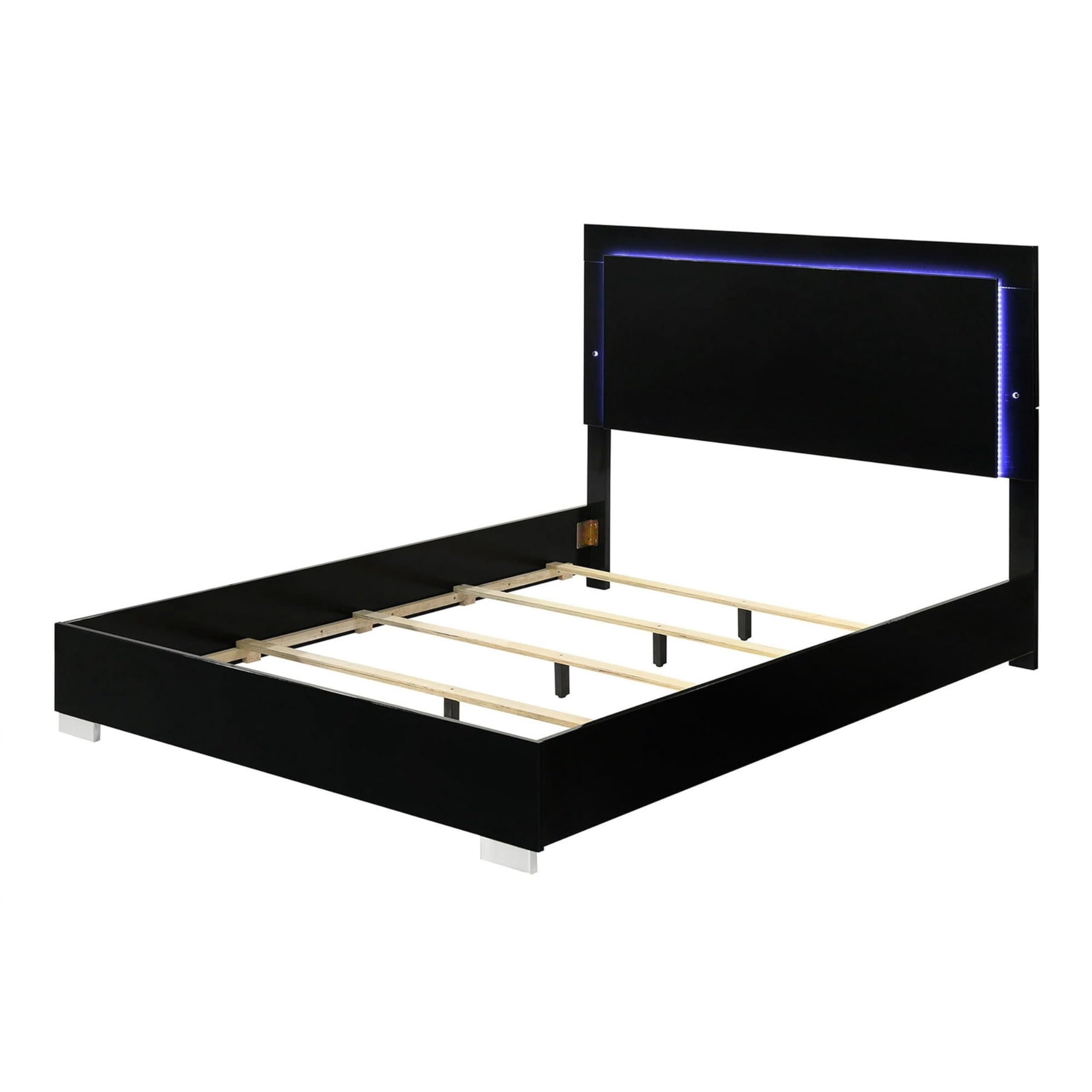 Suni King Size Bed w LED Headboard, Piano Black Wood Frame
