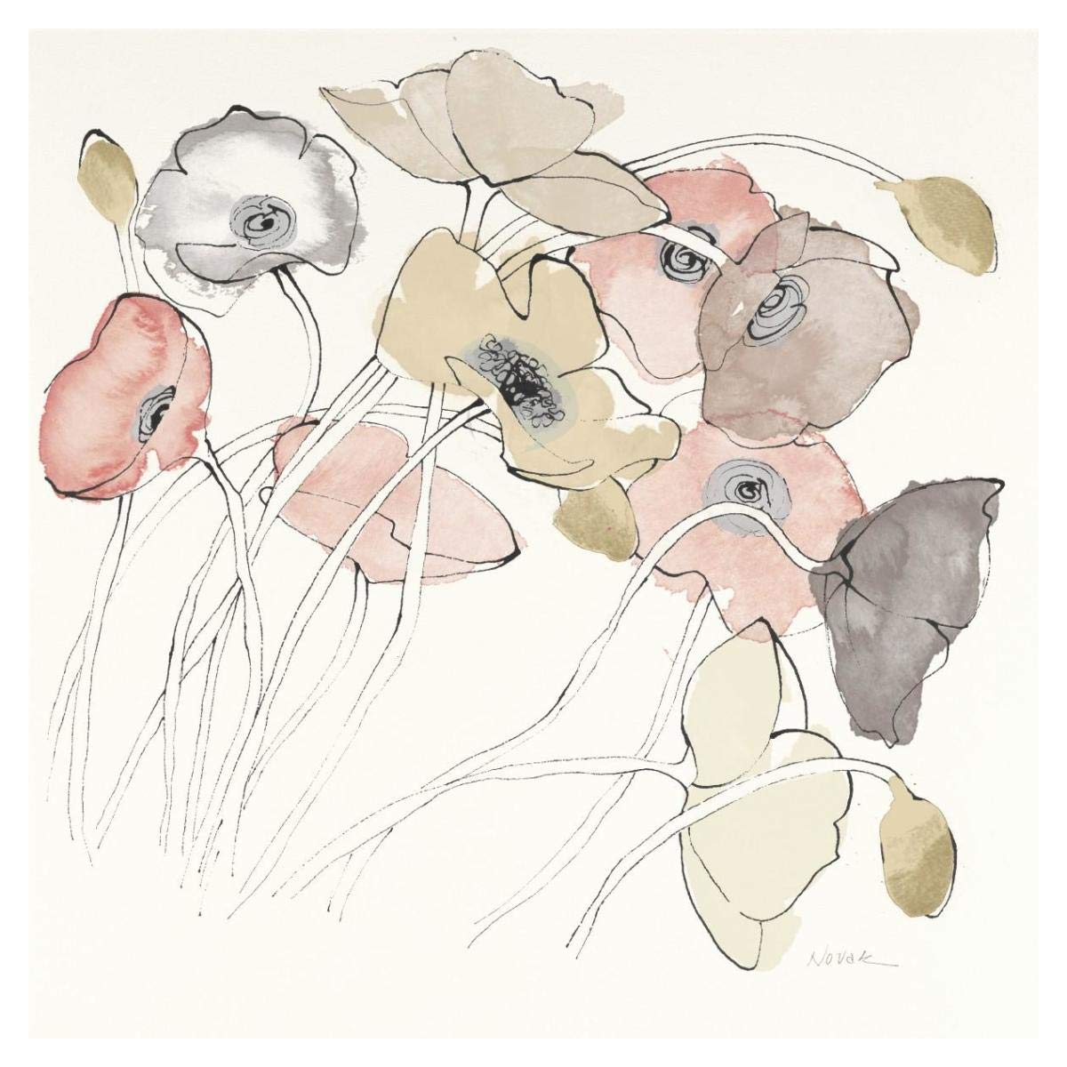 Black Line Poppies II Watercolor Neutral -Paper Art-38x38”