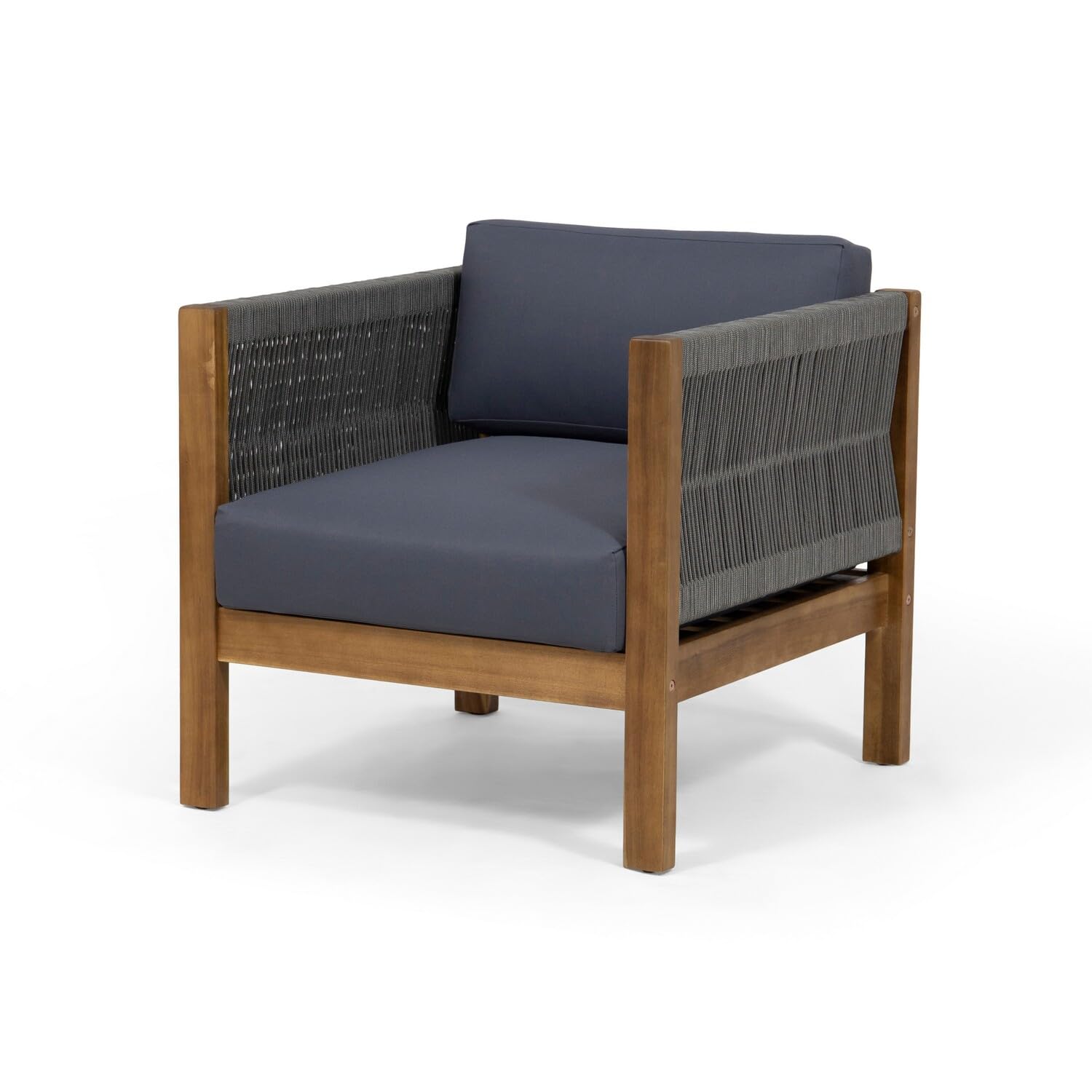 Club Lounge Chair, Woven Rattan Rope, Brown Acacia Wood, Gray Fabric