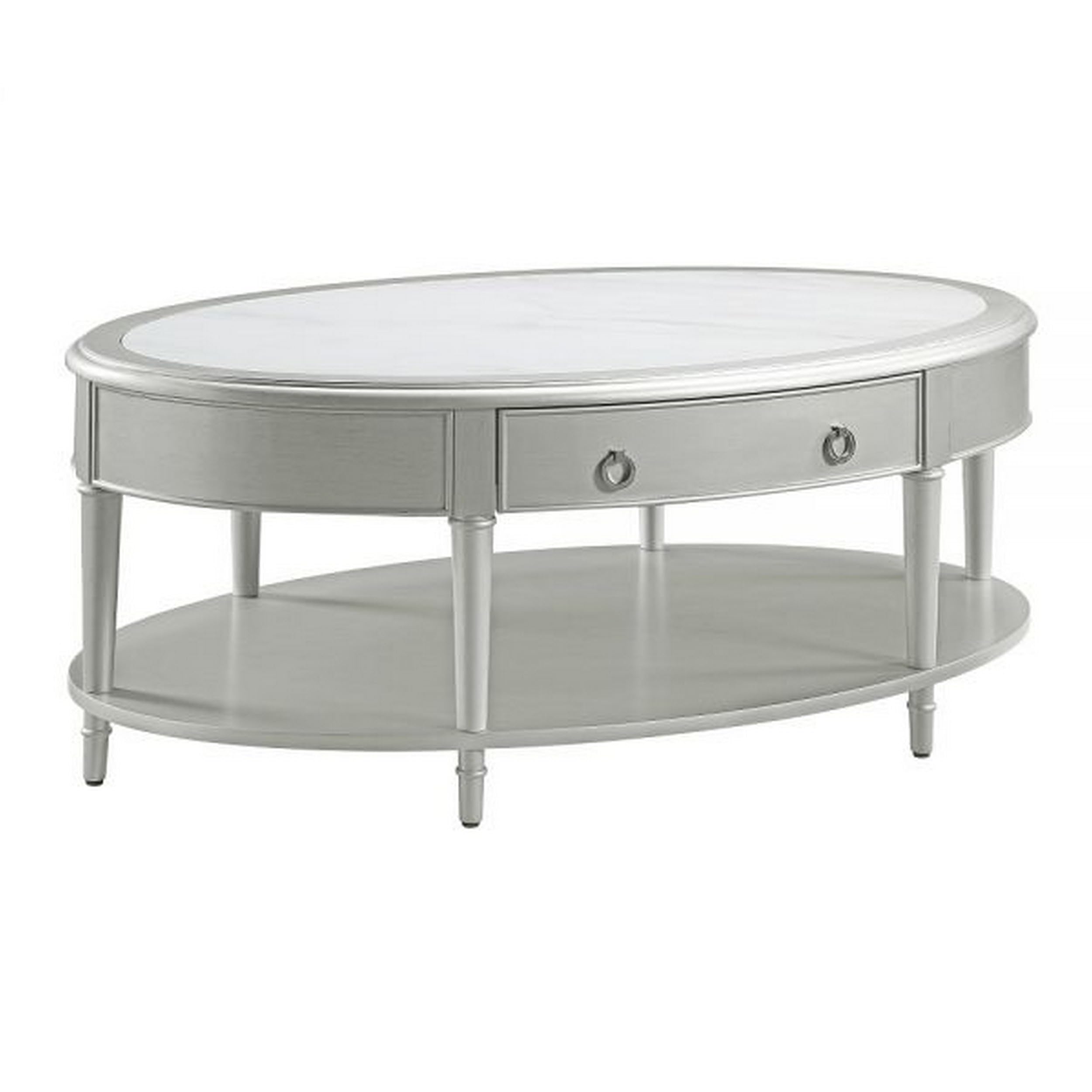 Kyna 50 Inch Coffee Table, Sintered Top, 1 Drawer, Classic Oval, Silver