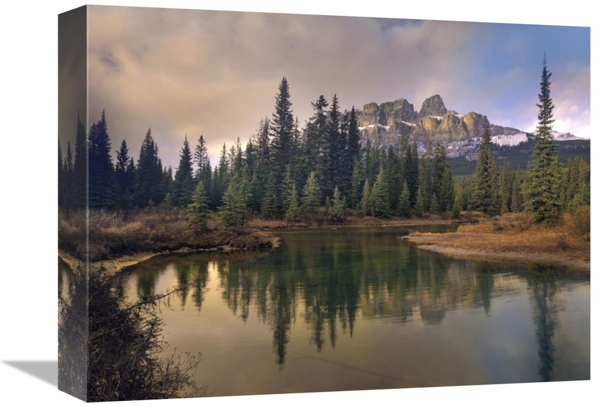 Castle Mountain and boreal forest reflected in lake, Alberta, Canada-Canvas Art-16x12”