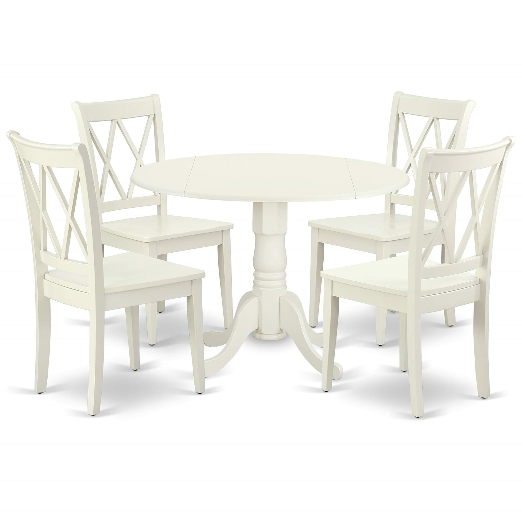 Casafoyer DLCL5-LWH-W 5 Piece Dining Set Includes a Round Dining Room Table with Dropleaf and 4 Wood Seat Chairs, 42x42 Inch, Linen White