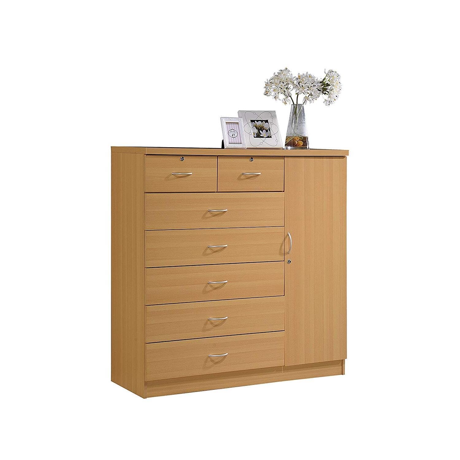 Hodedah 7-Drawer Chest with Locks on 2-Top Drawers plus 1-Door with 3-Shelves in Beech