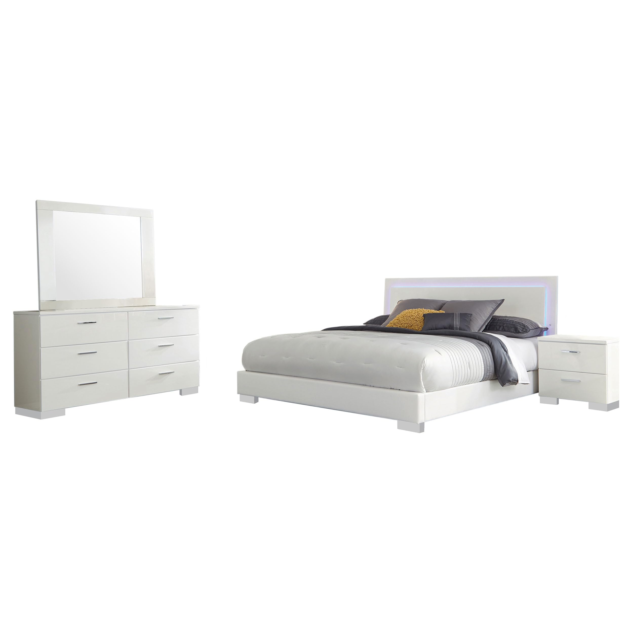 Sok 4pc King Bedroom Set, Faux Leather Upholstery, High Gloss White