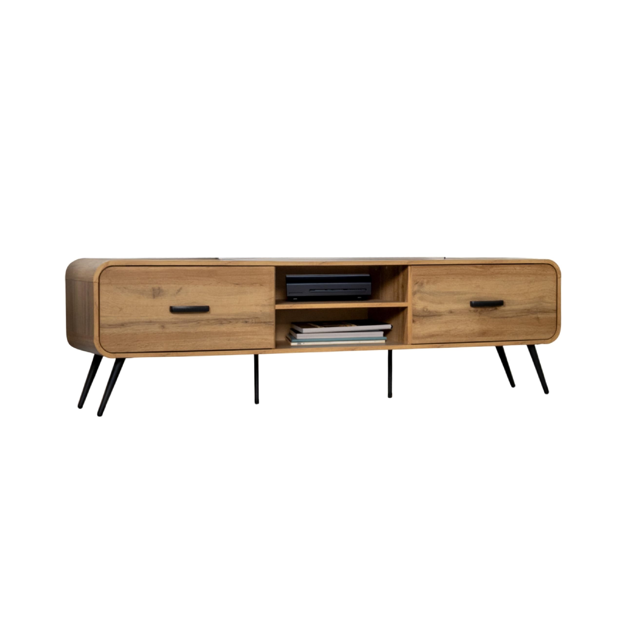 Wea TV Media Console, 71 Inch, 2 Drawers w Open Shelves, Oak Brown
