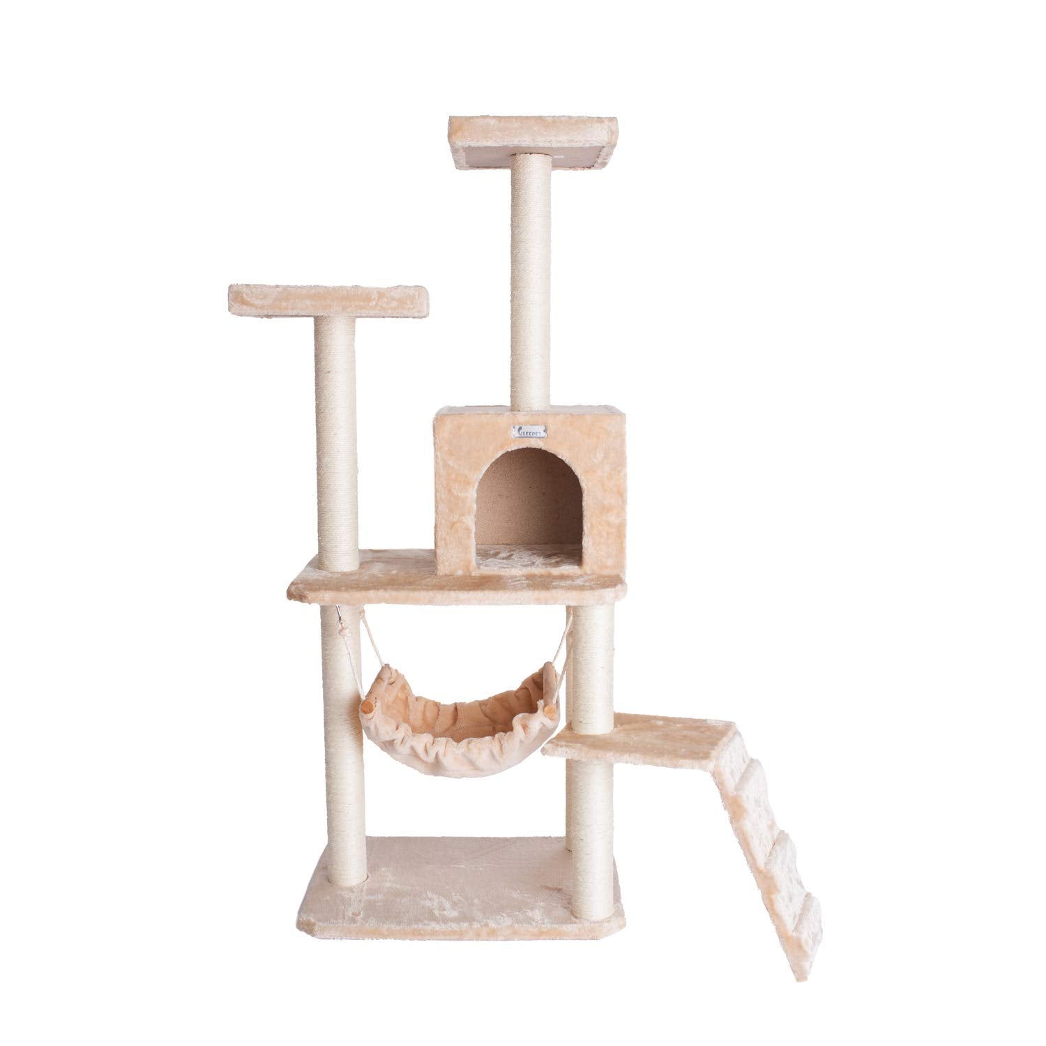 GleePet GP78570921 57-Inch Real Wood Cat Tree In Beige With Perches, RunnIng Ramp, Condo And Hammock