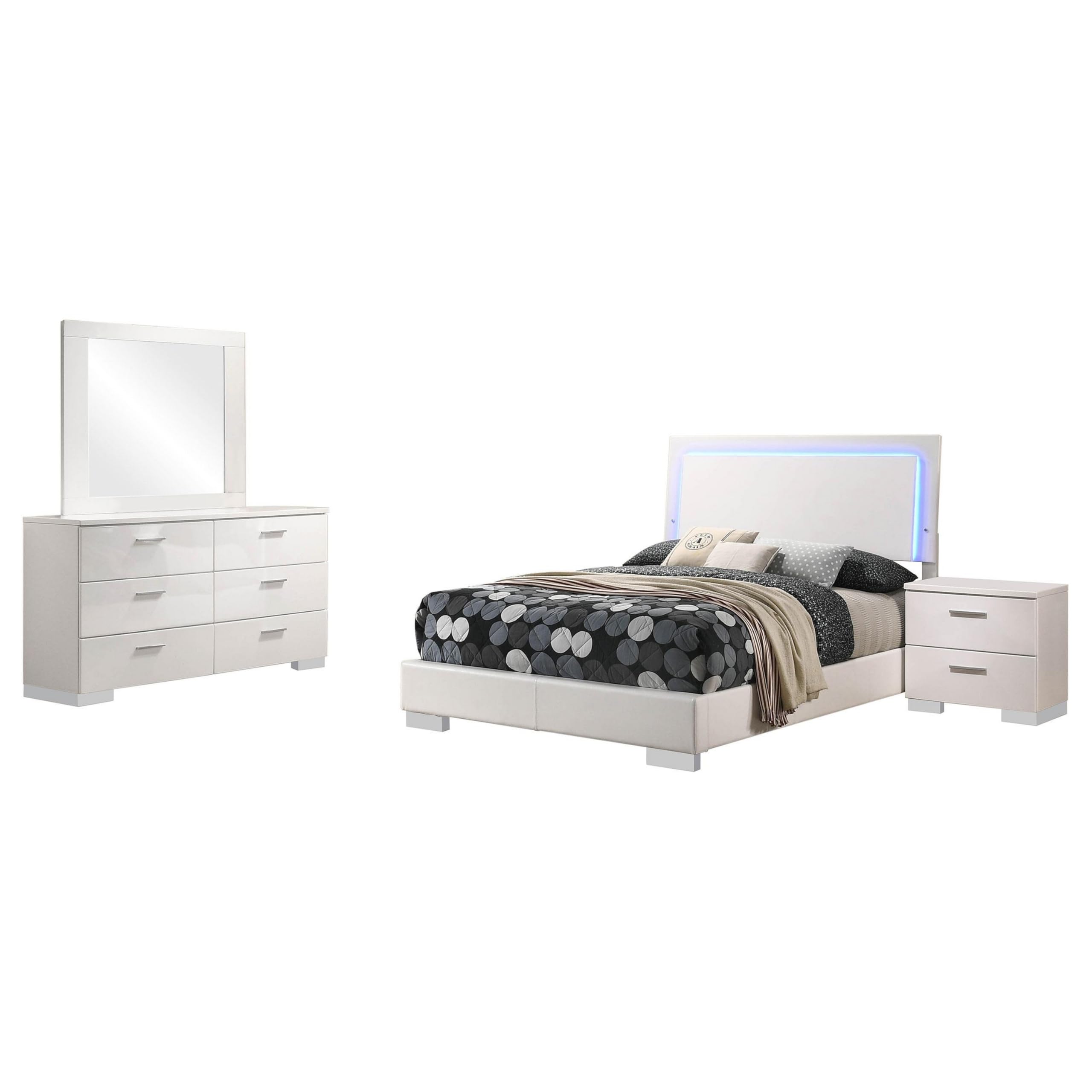 Sok 4pc Full Size Bedroom Set, Modern White, LED Upholstered Headboard