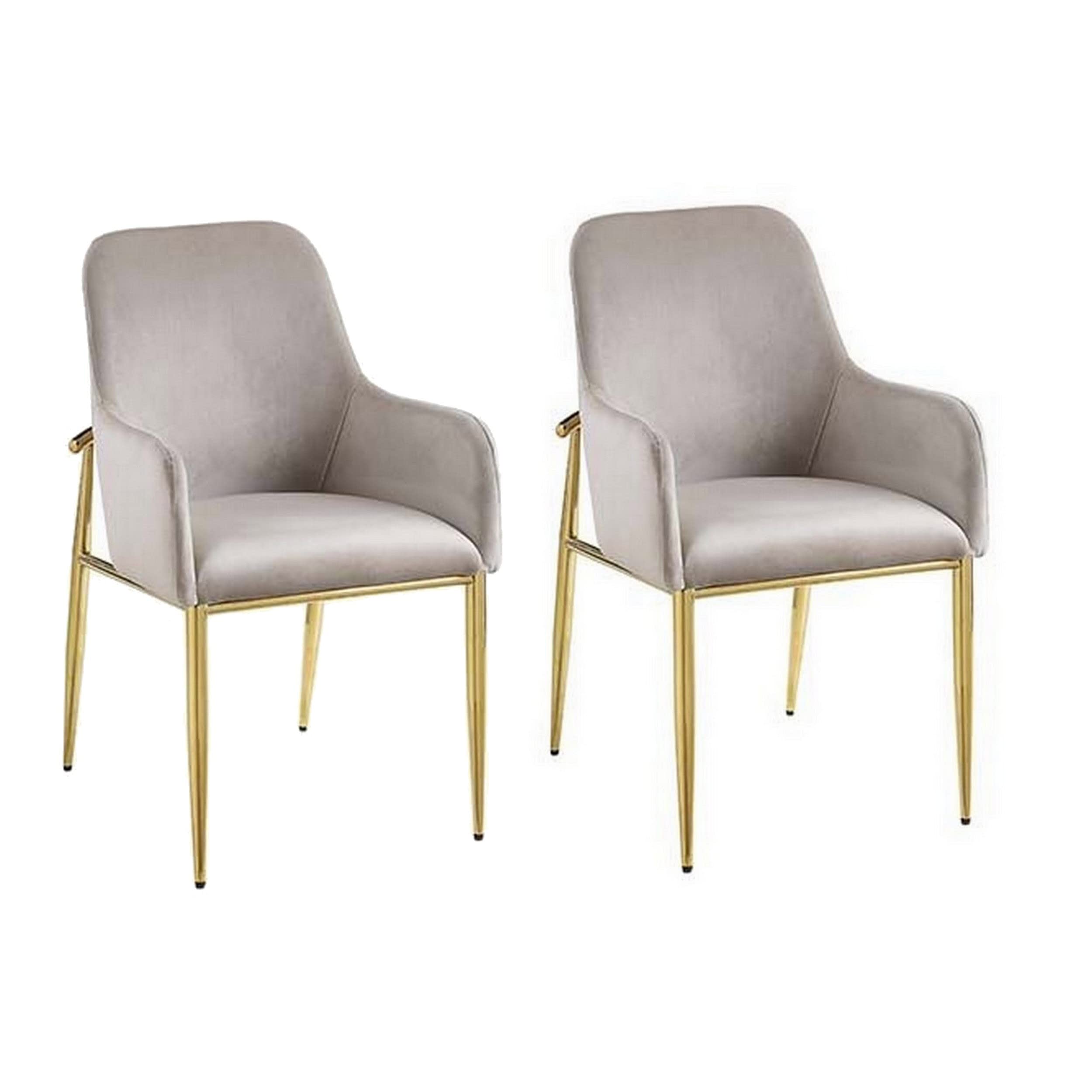 Side Chair with Fabric Upholstery and Metal Legs, Set of 2, Gray and Gold