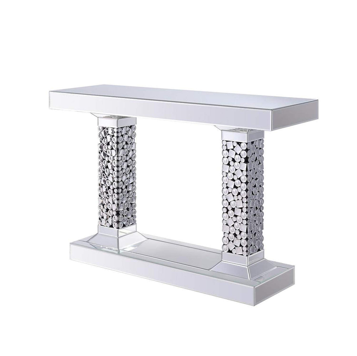 Benjara Wood And Mirror Console Table With Two Pedestal Base, Clear And Black
